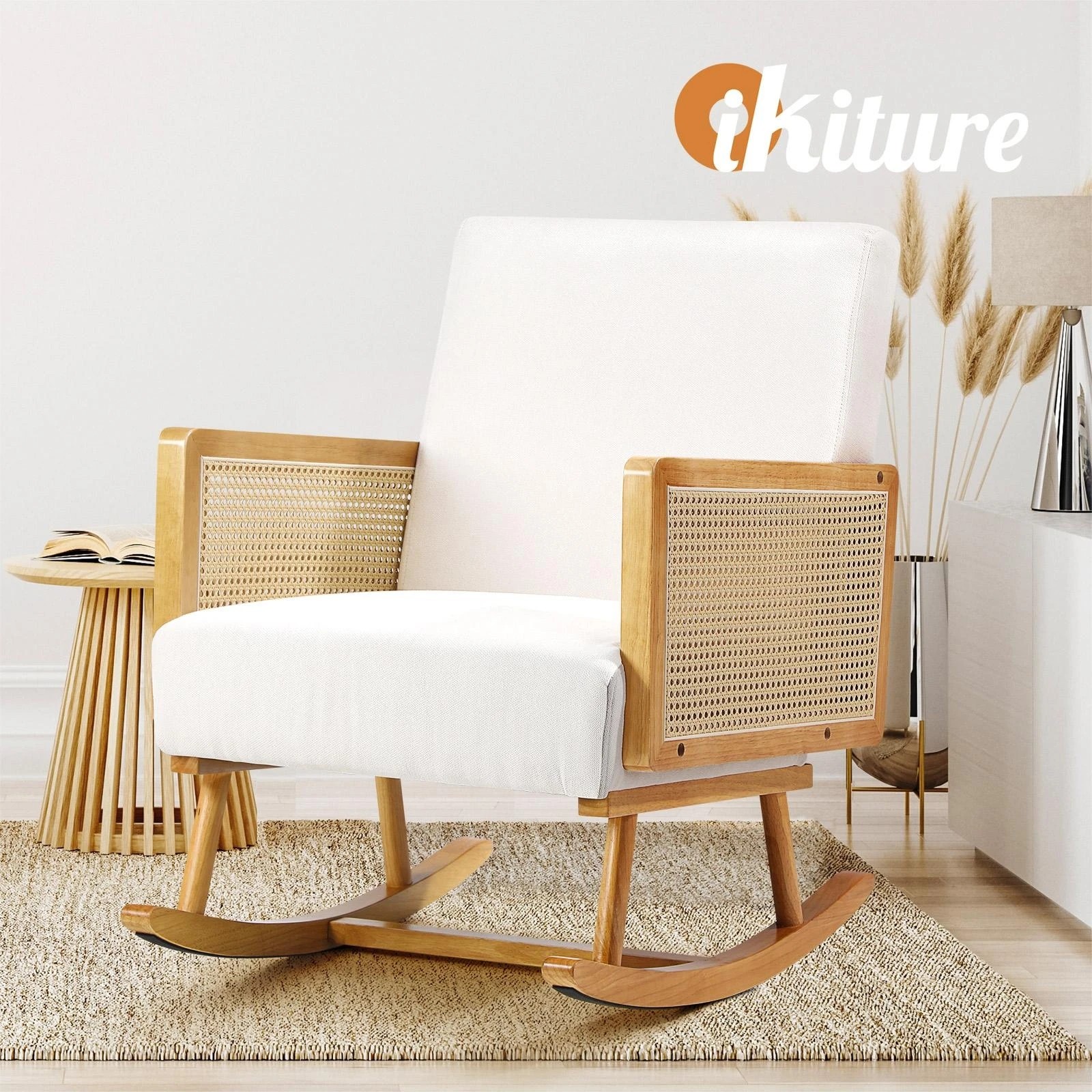 6 Oikiture 2x Rocking Chair Nursing Armchair Linen Accent Chairs PE Rattan - Beige, 6 of 10