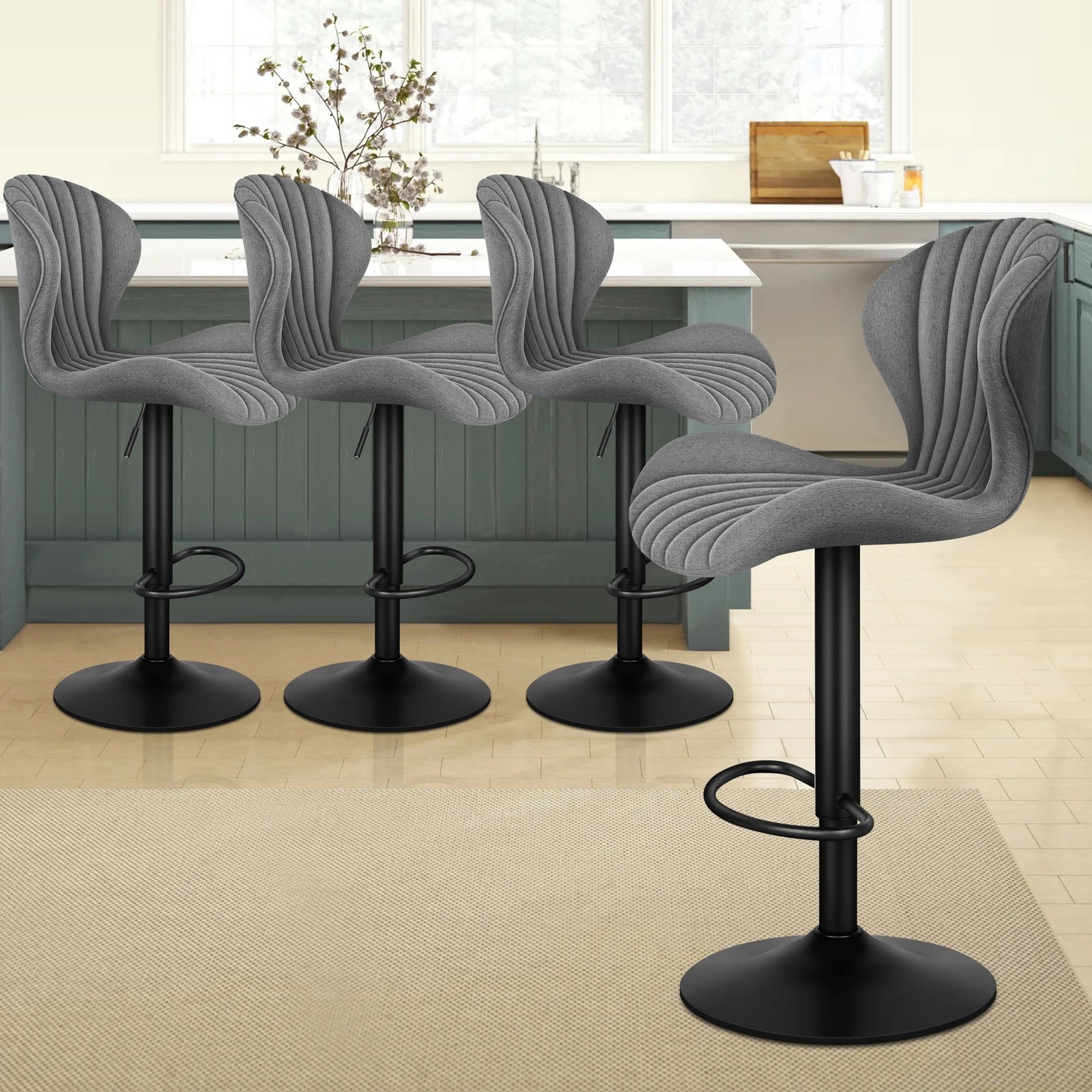 9 Alfordson 4x Bar Stools Gas Lift Fabric Bar Chairs Kitchen Swivel - Grey, 9 of 10