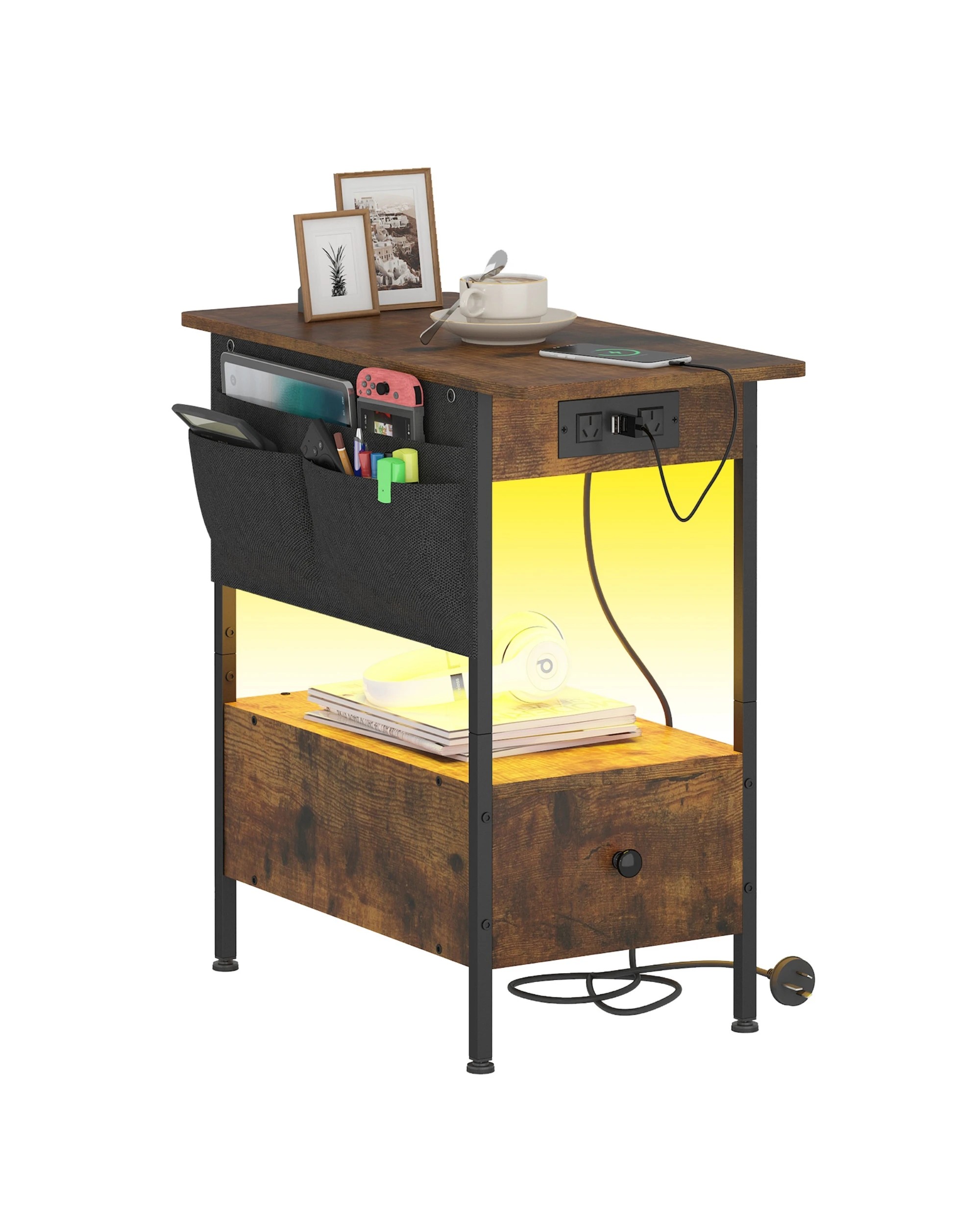 1 Advwin LED End Table Sofa Side Table with Charging Station and Drawers Narrow Bedside Table with Storage Pocket, 1 of 10
