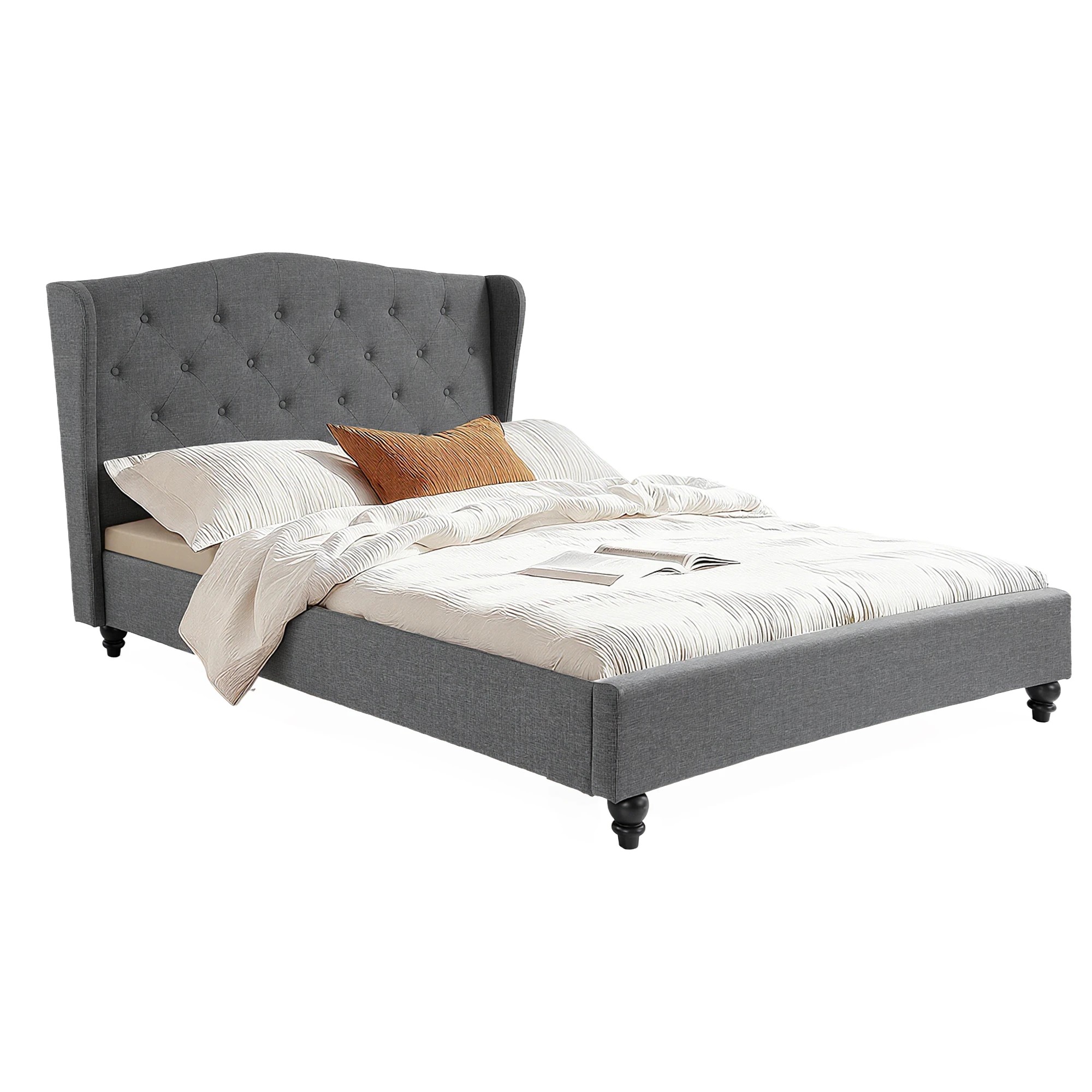 1 Artiss Double Bed Frame with Wingback Headboard  Linen Upholste Platform Bed Base - Grey, 1 of 6