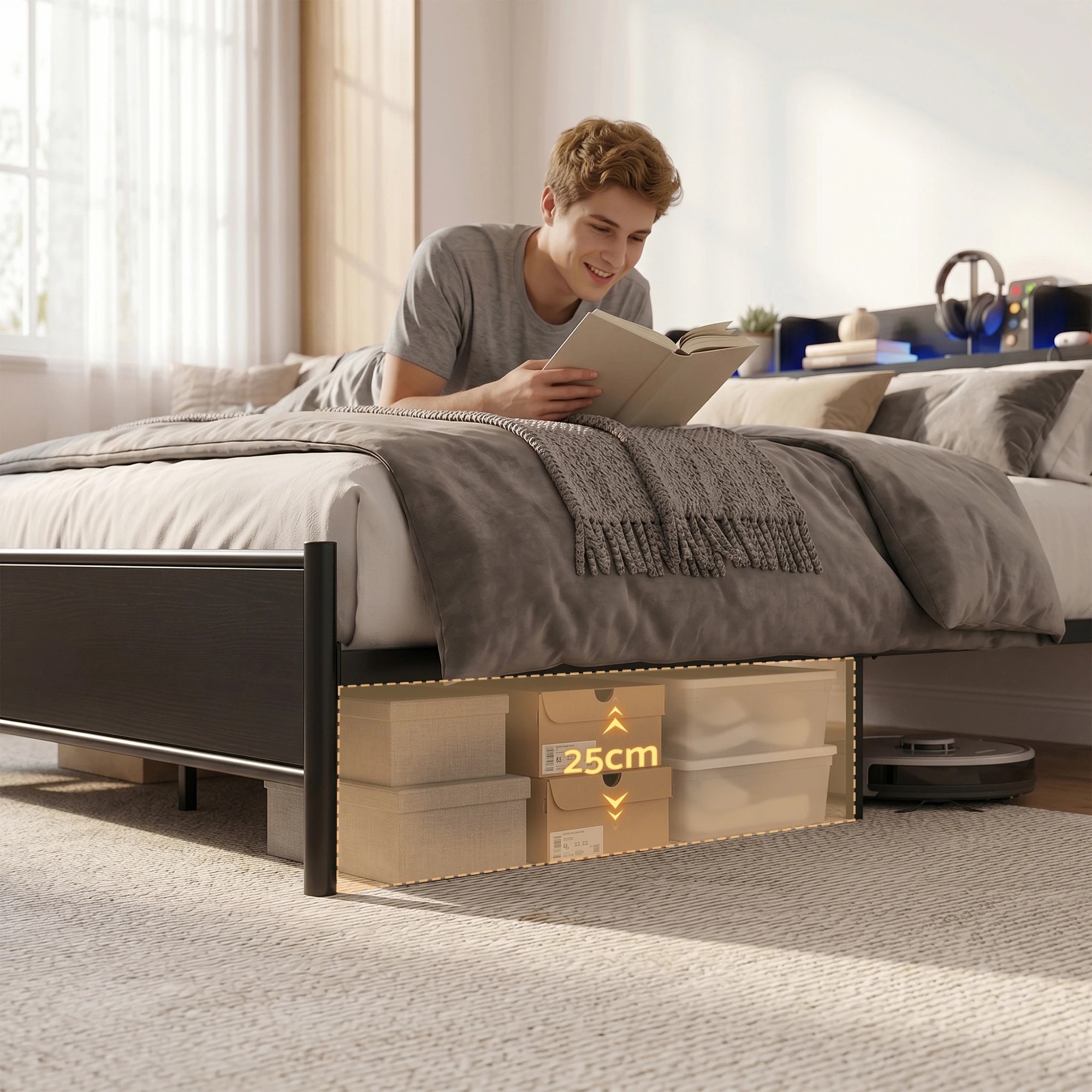 6 Artiss Bed Frame Queen Size with Storage Shelf Headboard Charging Station GRID - Black, 6 of 7