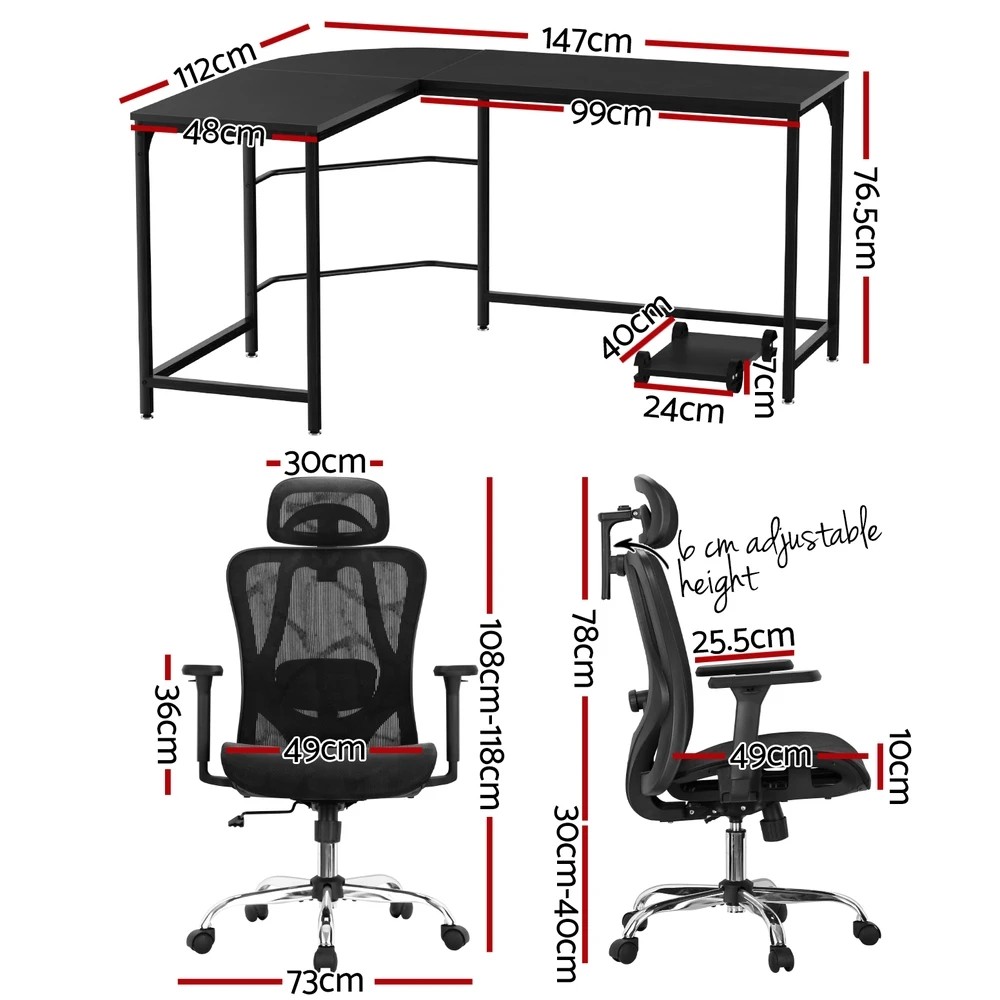 2 Artiss Computer Desk L-Shape Corner Desks Ergonomic Office Chair Mesh Chairs - Black, 2 of 6
