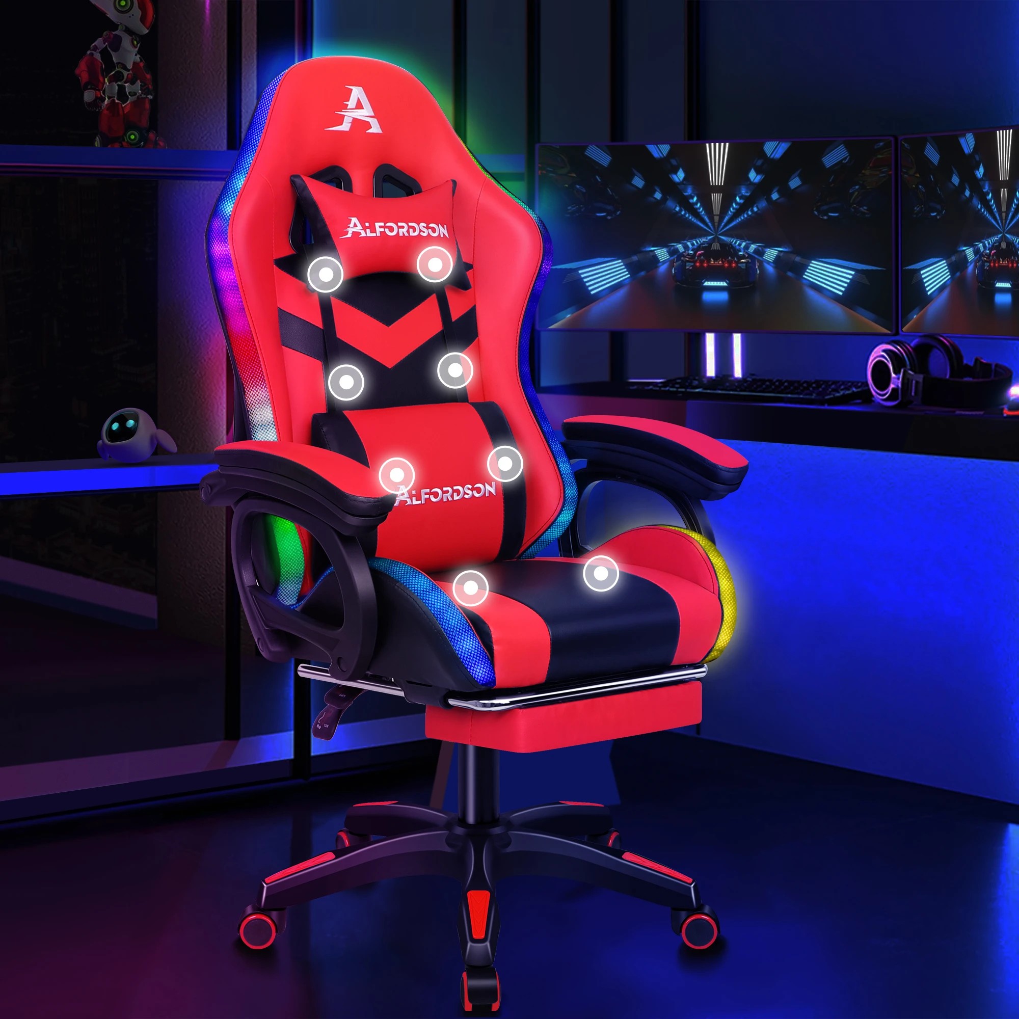 10 Alfordson Gaming Office Chair 12 RGB LED Massage Computer Seat Footrest - Red, 10 of 10