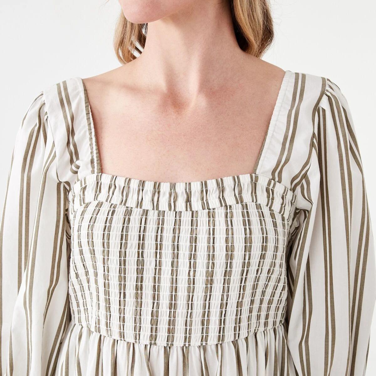 5 Short Sleeve Shirred Bodice Midi Dress TAYLOR STRIPE BURNT OLIVE, 5 of 6