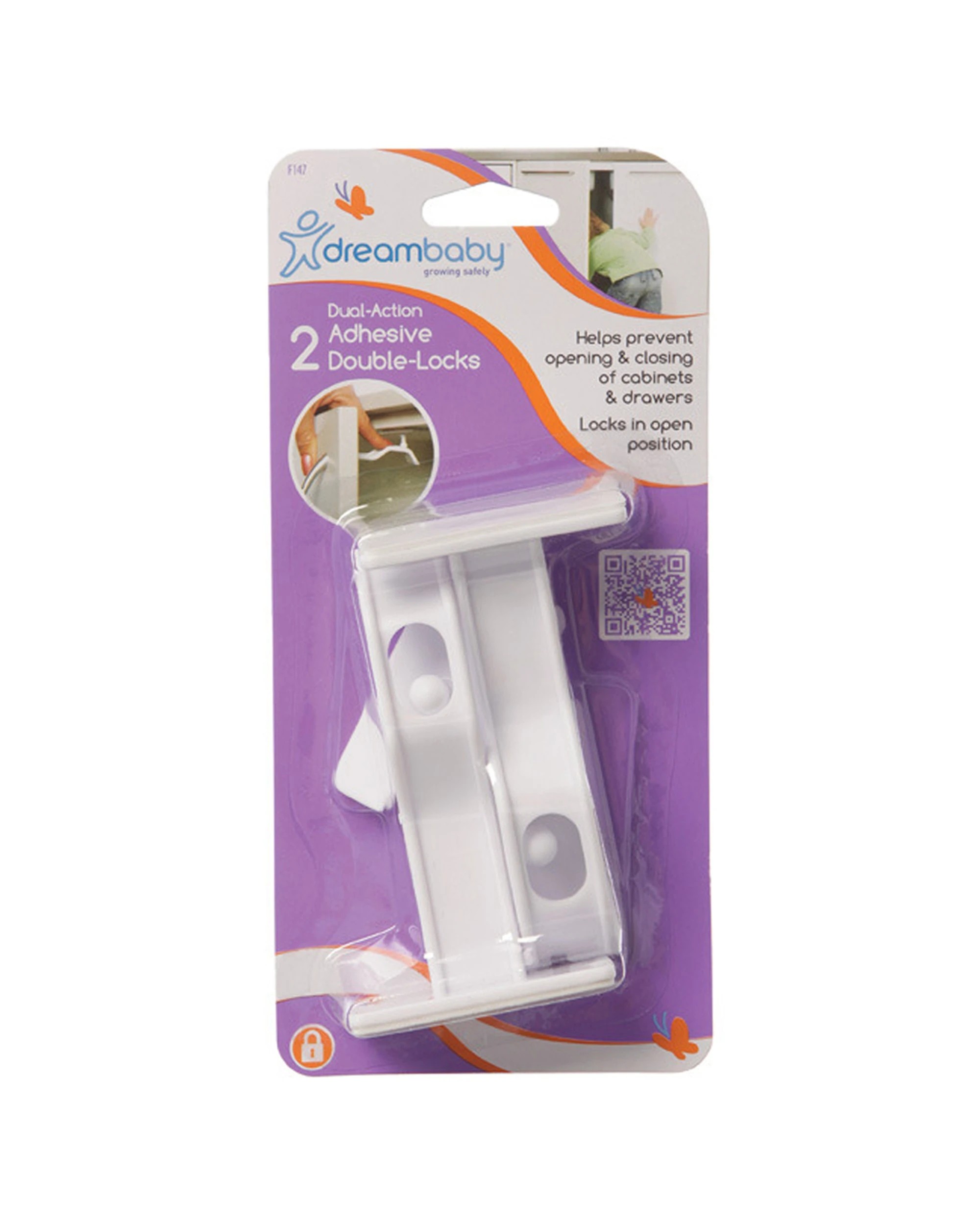 1 Dreambaby 2pc 10cm Dual Action Adhesive Double Lock For Drawers - White, 1 of 3