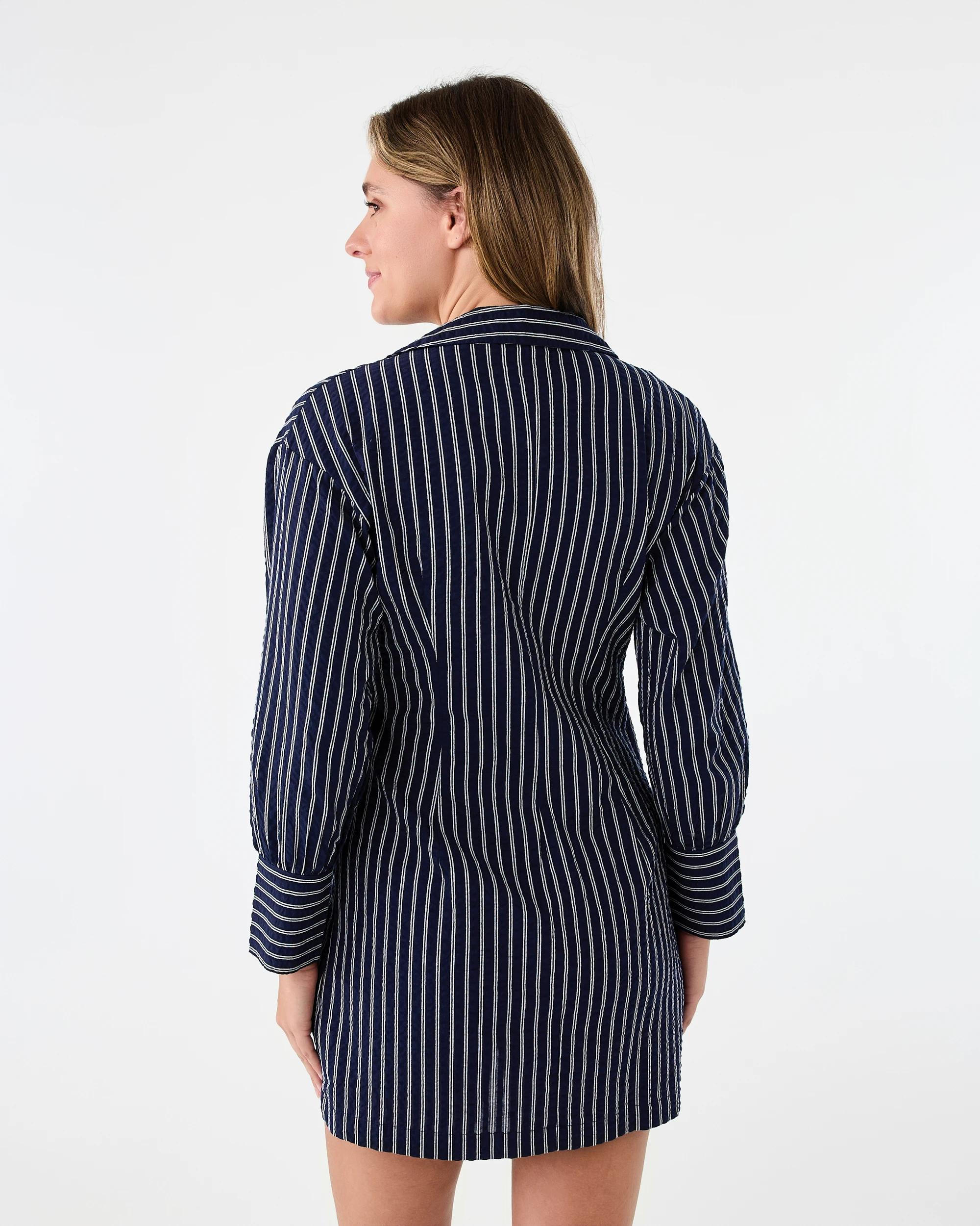 3 Long Sleeve Wrap Shirt Mini Dress Navy Strp, 3 of 8