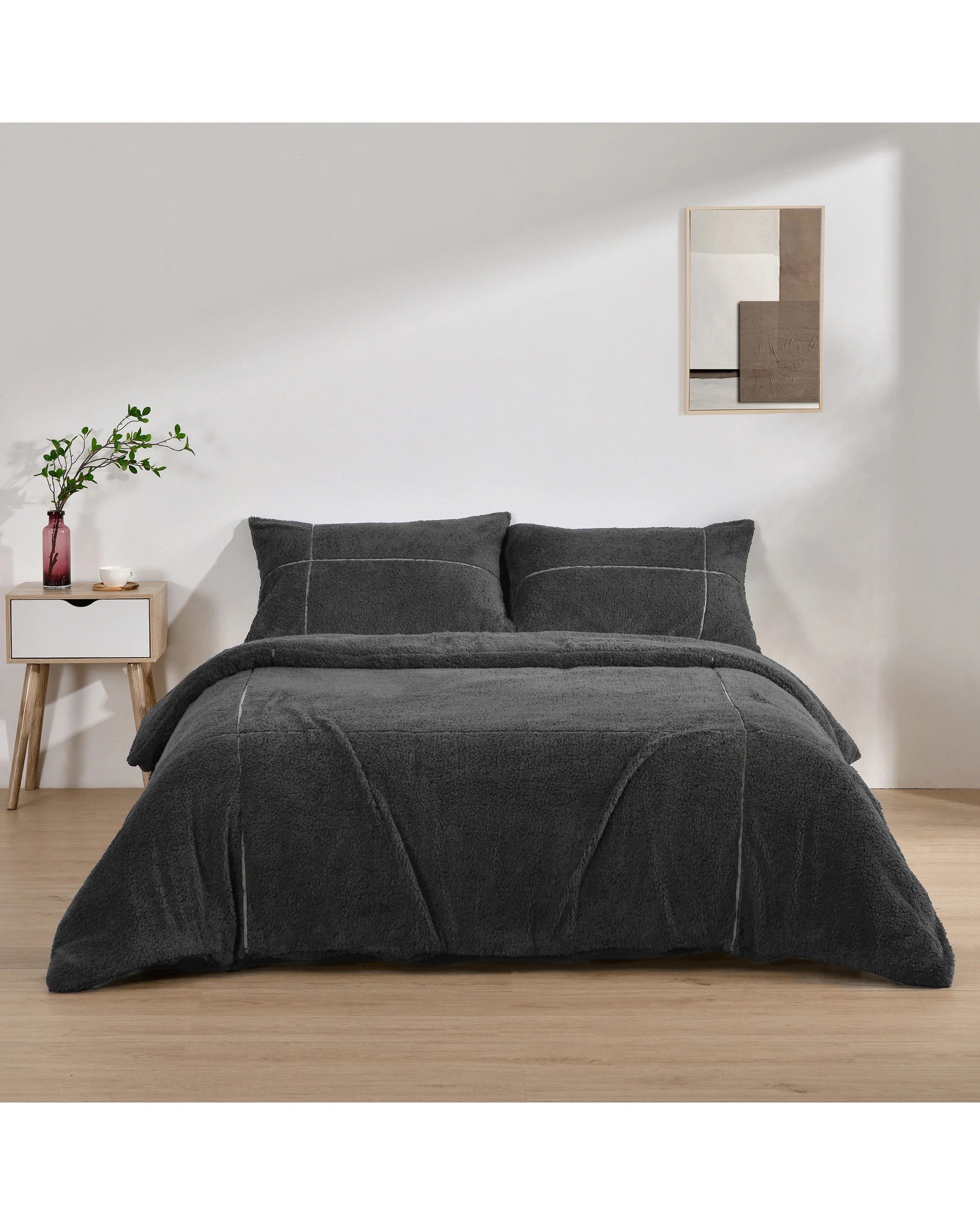 1 Dreamaker Jasper Teddy Fleece Quilt Cover Set - Queen Bed - Charcoal, 1 of 8