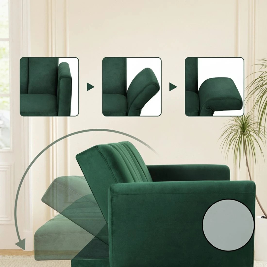 3 Artiss Sofa Bed 3 Seater Couch Convertible Lounge Adjustable Arm Recliner Velvet - Green, 3 of 7