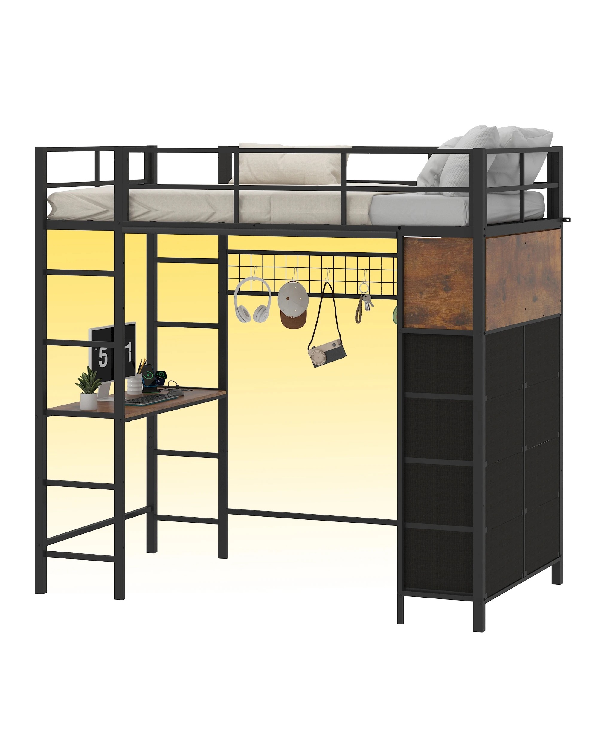 8 Ufurniture Single Loft Bunk Bed with LED Power Outlet Desk Storage Dual Ladder - Brown, 8 of 9