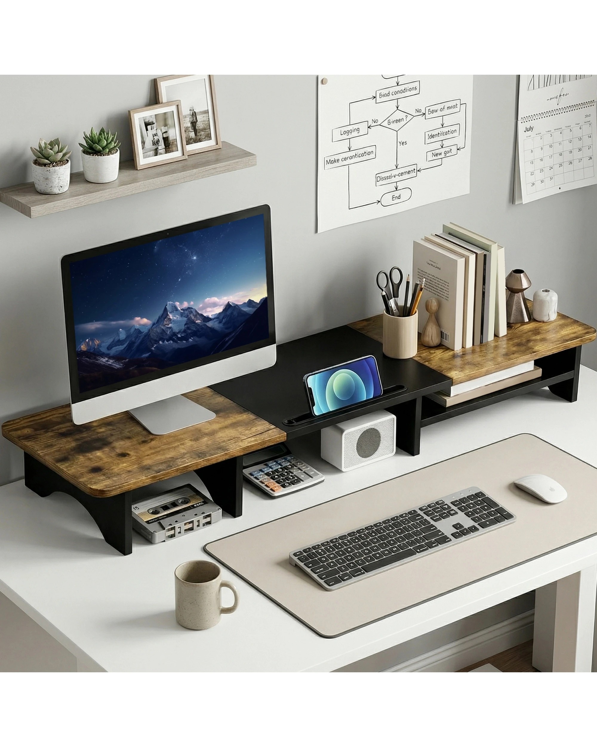 3 Advwin 100cm Dual Monitor Stand Riser Wood Desktop Organizer with Storage Space, 3 of 9