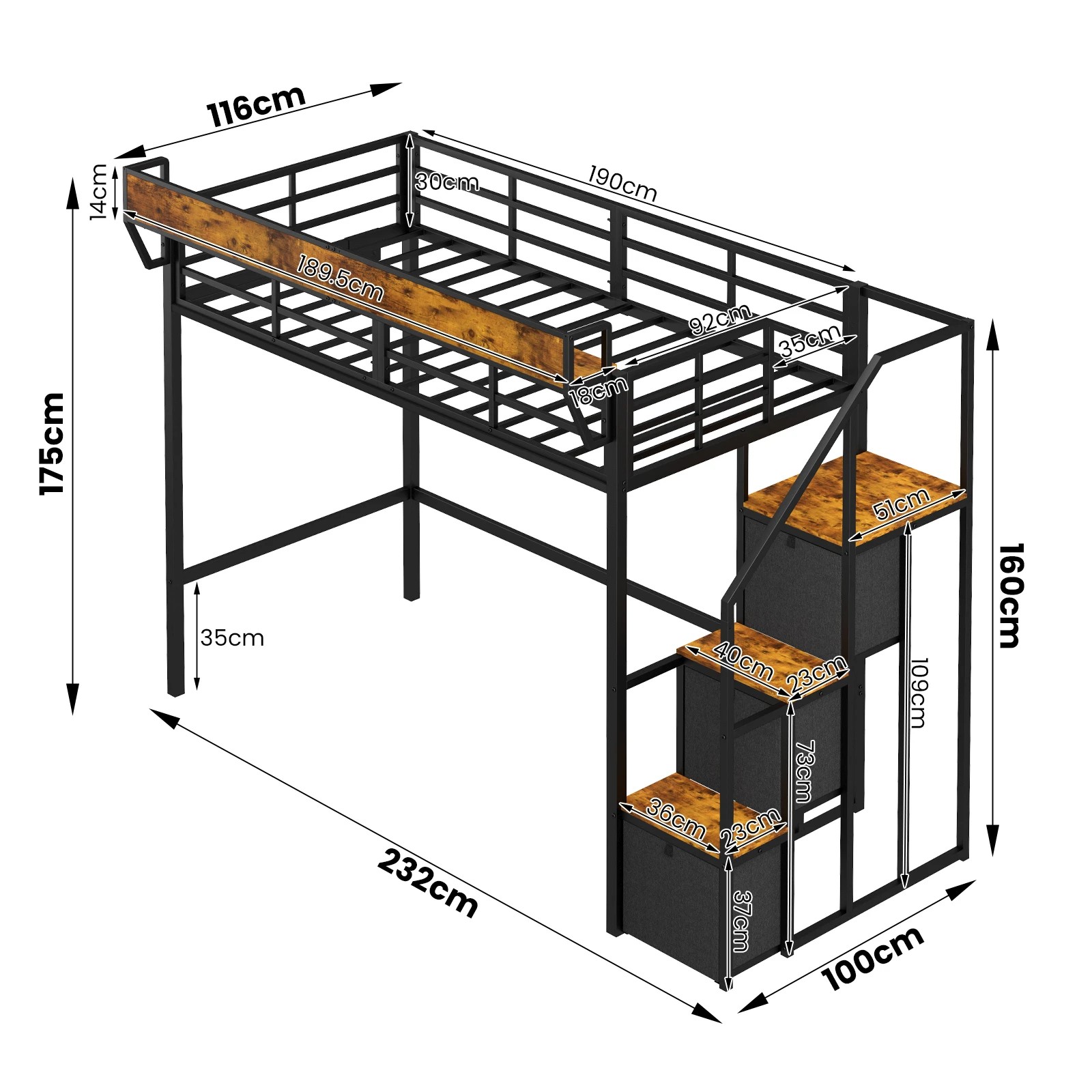 3 Advwin Single LED Loft Bed with Storage Stairs & Hanging Rod, Charging Station & Bedside Shelf - Black, 3 of 8