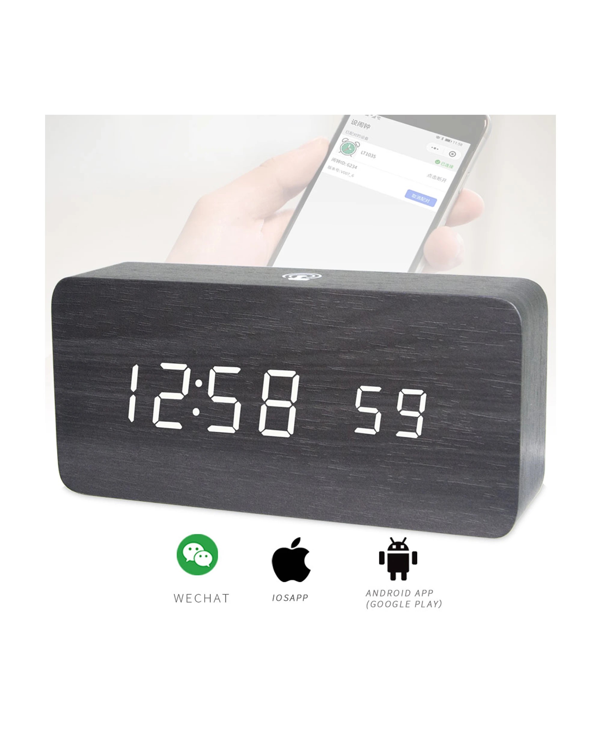2 TODO Rechargeable LED Digital Alarm Clock Woodgrain USB Android iOS Control APP - Black, 2 of 2