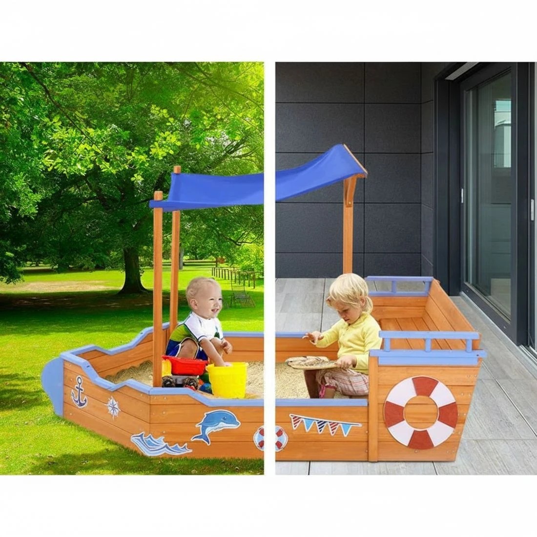 4 Keezi Kids Sandpit Wooden Boat Sand Pit with Canopy Bench Seat 165cm - Multi, 4 of 5
