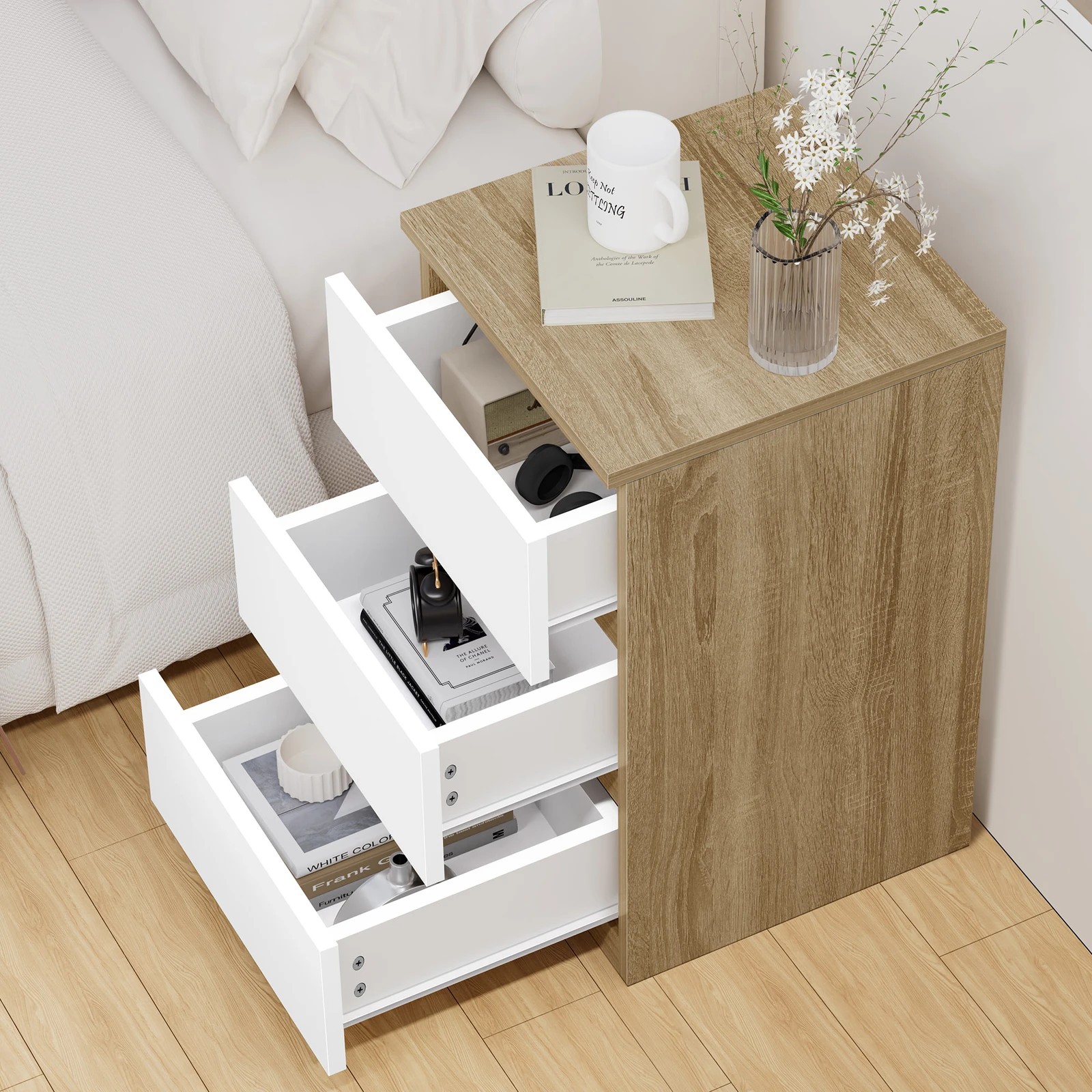 6 Alfordson Bedside Table Nightstand 3 Drawers Side End Table - Wood White, 6 of 10