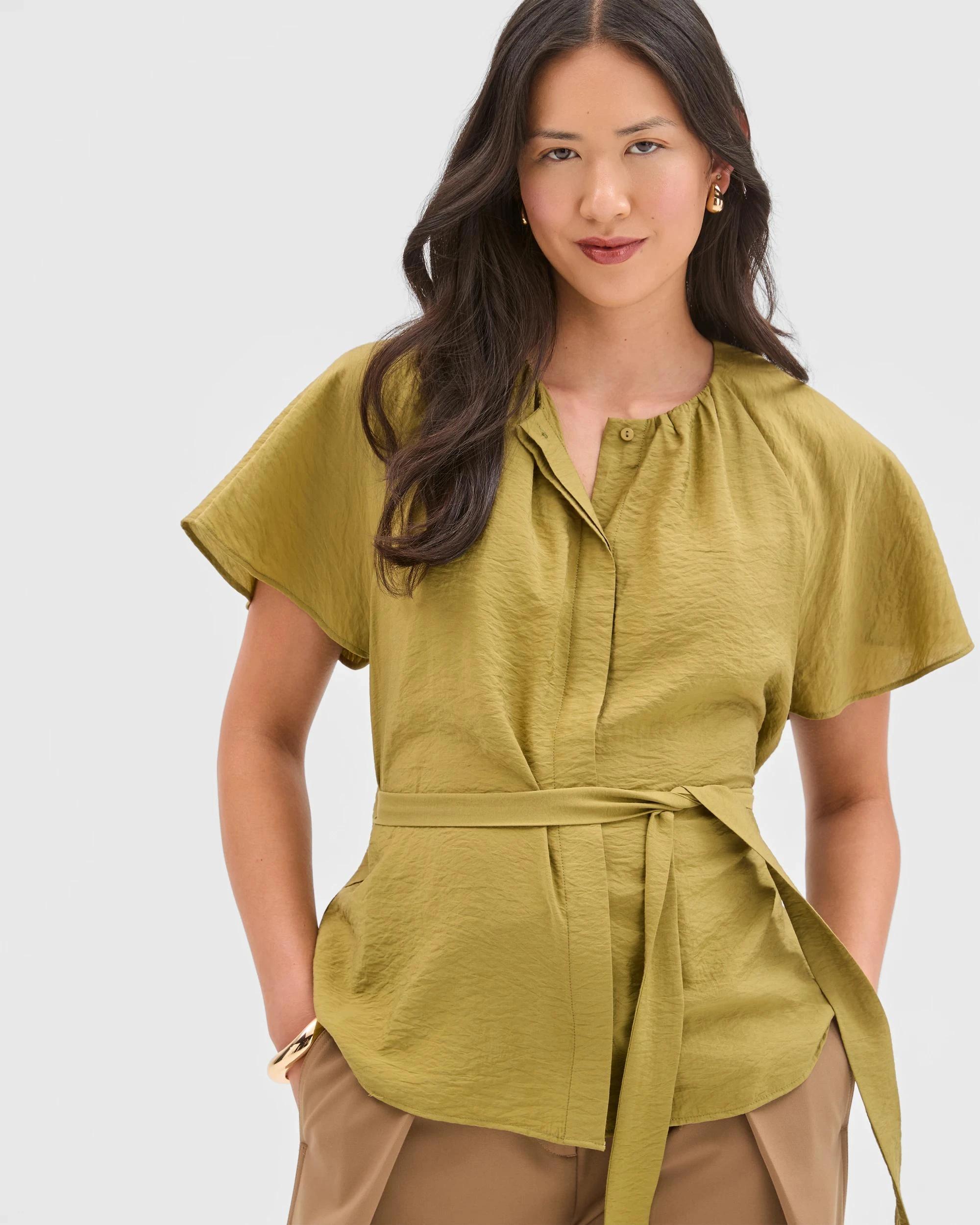 3 Preview Short Sleeve Belted Blouse OLIVE GREEN, 3 of 6