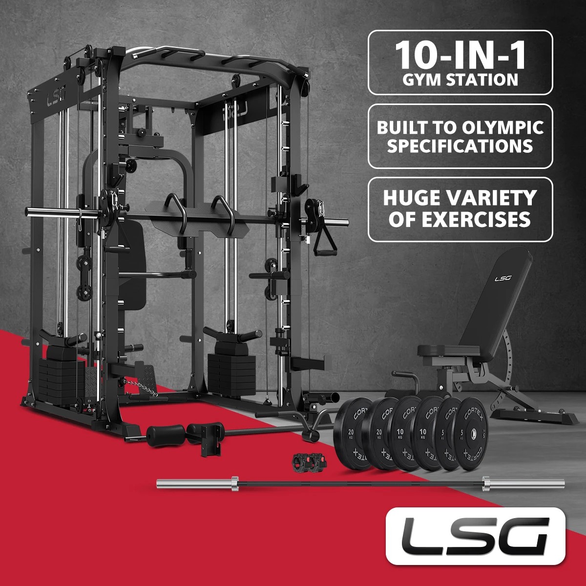 2 LSG GRK200 Home Gym Station, Power Rack, Smith Machine and Cable Crossover + 90kg Olympic Barbell & Bumper Plate Set, 2 of 10