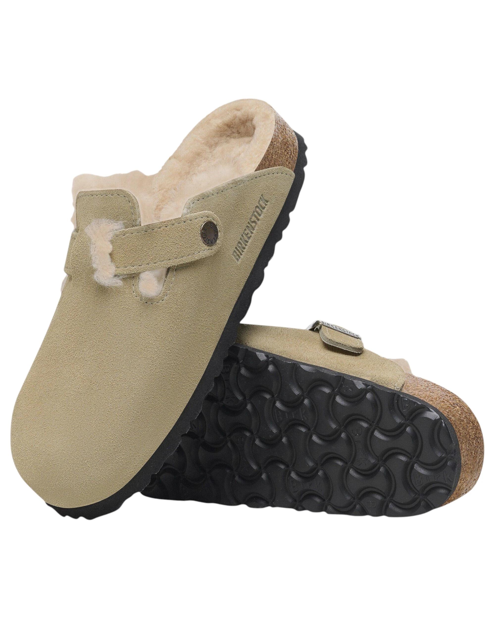 6 Birkenstock Womens Boston Shearling Suede Leather Narrow Slip On Sandals TAUPE, 6 of 8