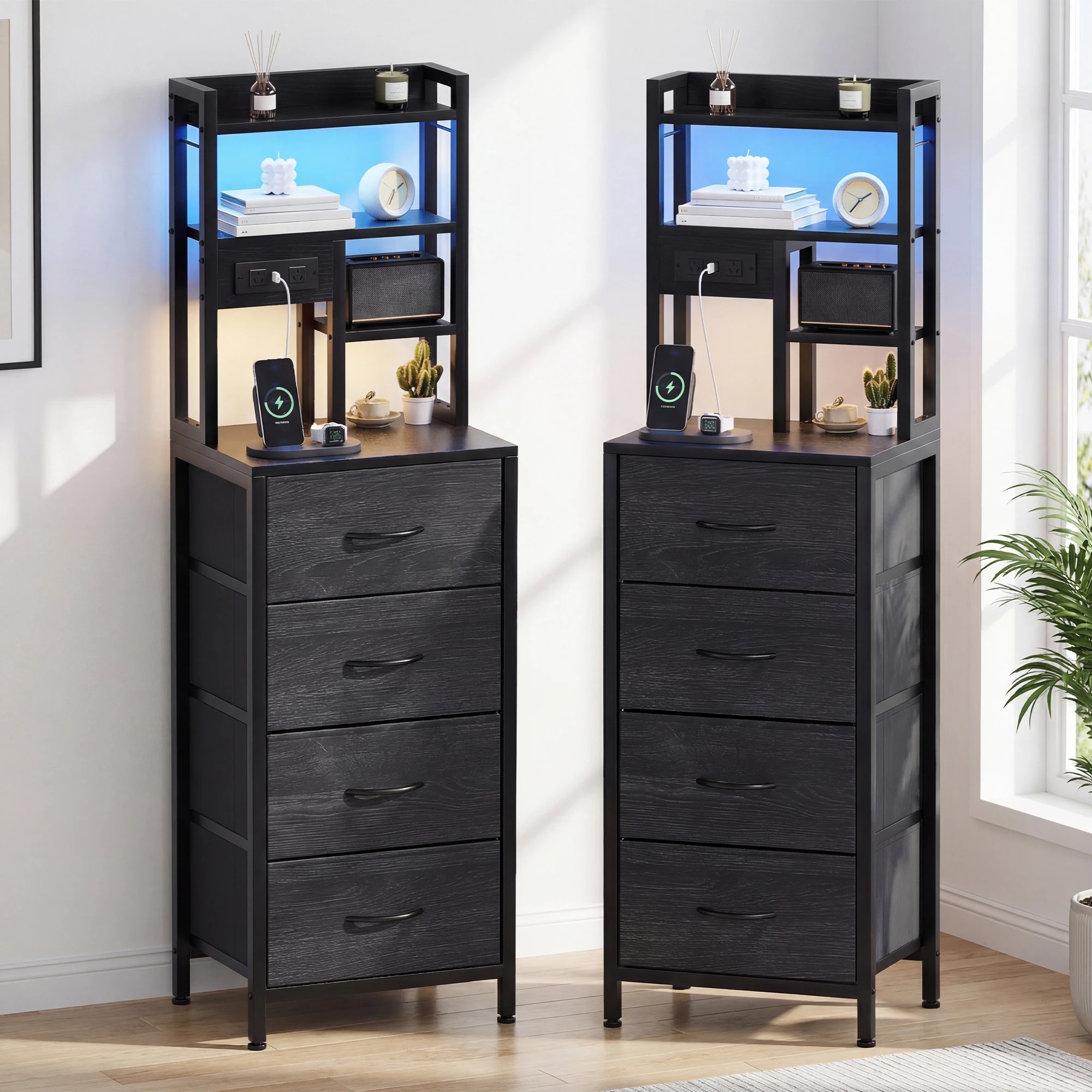 2 Advwin Set of 2 LED Tall Bedside Table with Charging Station 4 Drawers Open Shelves - Black, 2 of 7