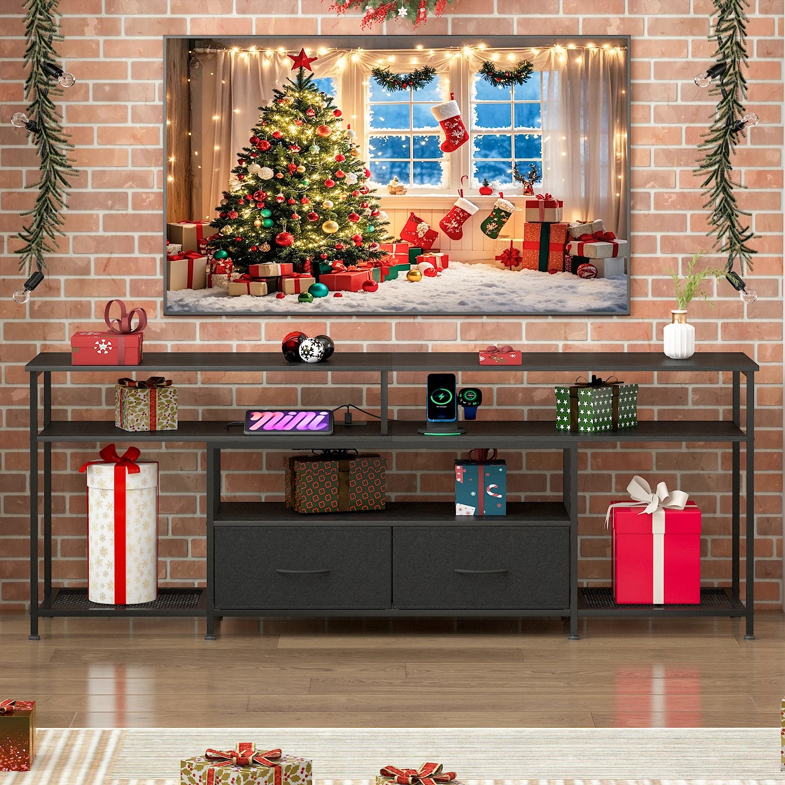 4 Advwin TV Cabinet 160cm LED Entertainment Unit Stand - Black, 4 of 6