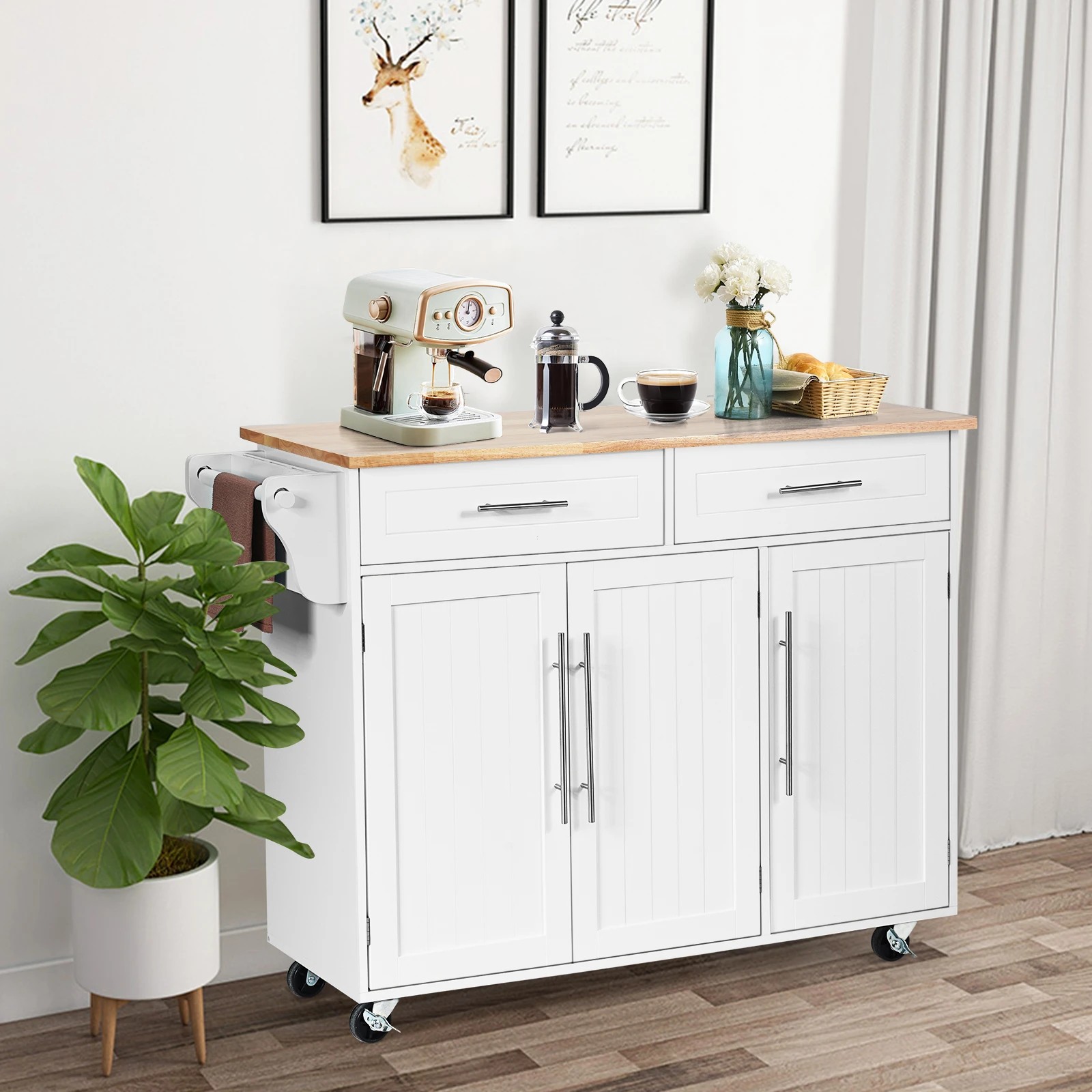 2 Costway Large Kitchen Island Trolley w/Towel Rack White, 2 of 5