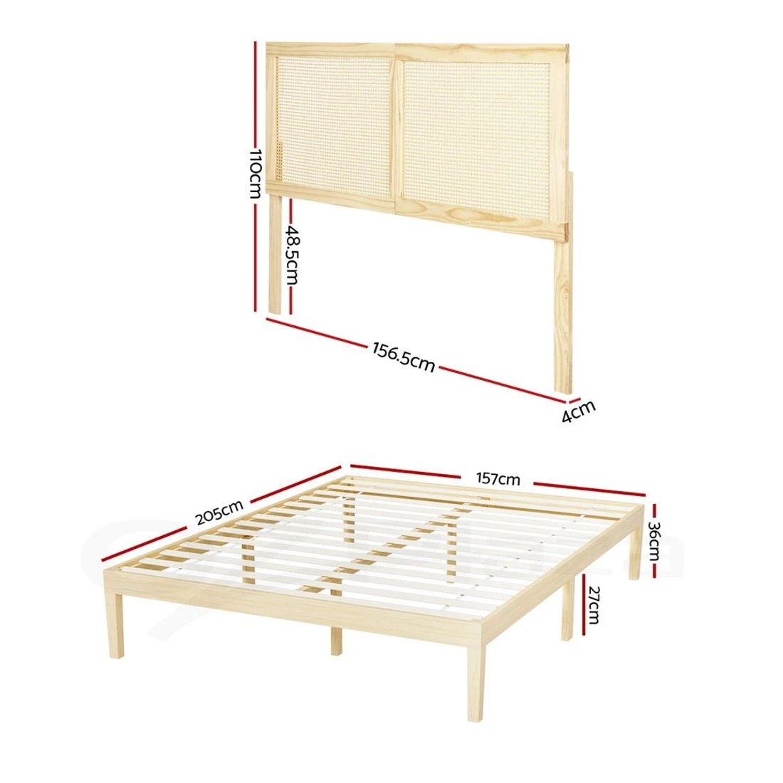 3 Artiss Bed Frame Queen Size with Rattan Headboard Wooden Bed Base BRUNO - Multi, 3 of 7