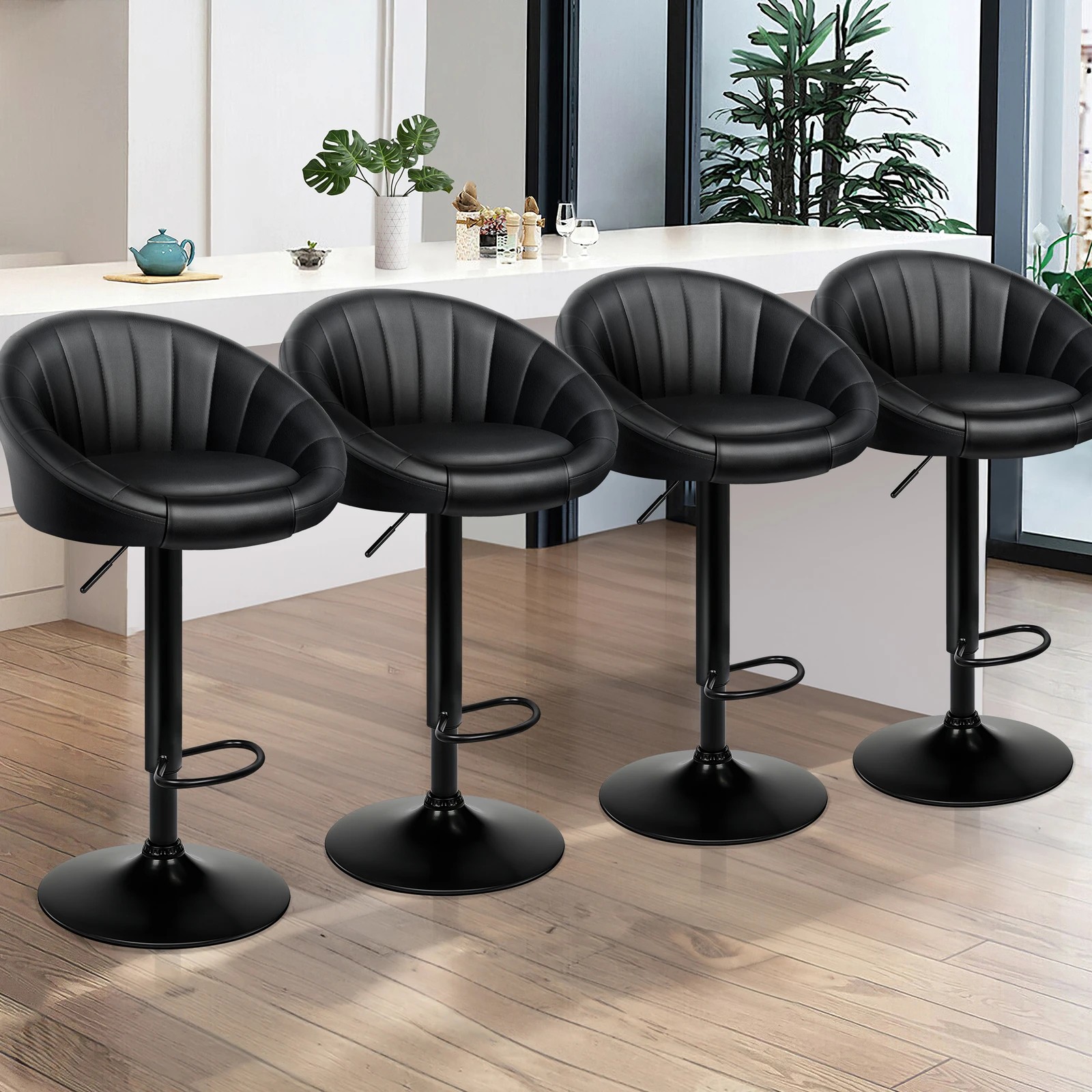 9 Alfordson 4x Bar Stools Gas Lift Leather Chairs Kitchen Swivel - All Black, 9 of 10