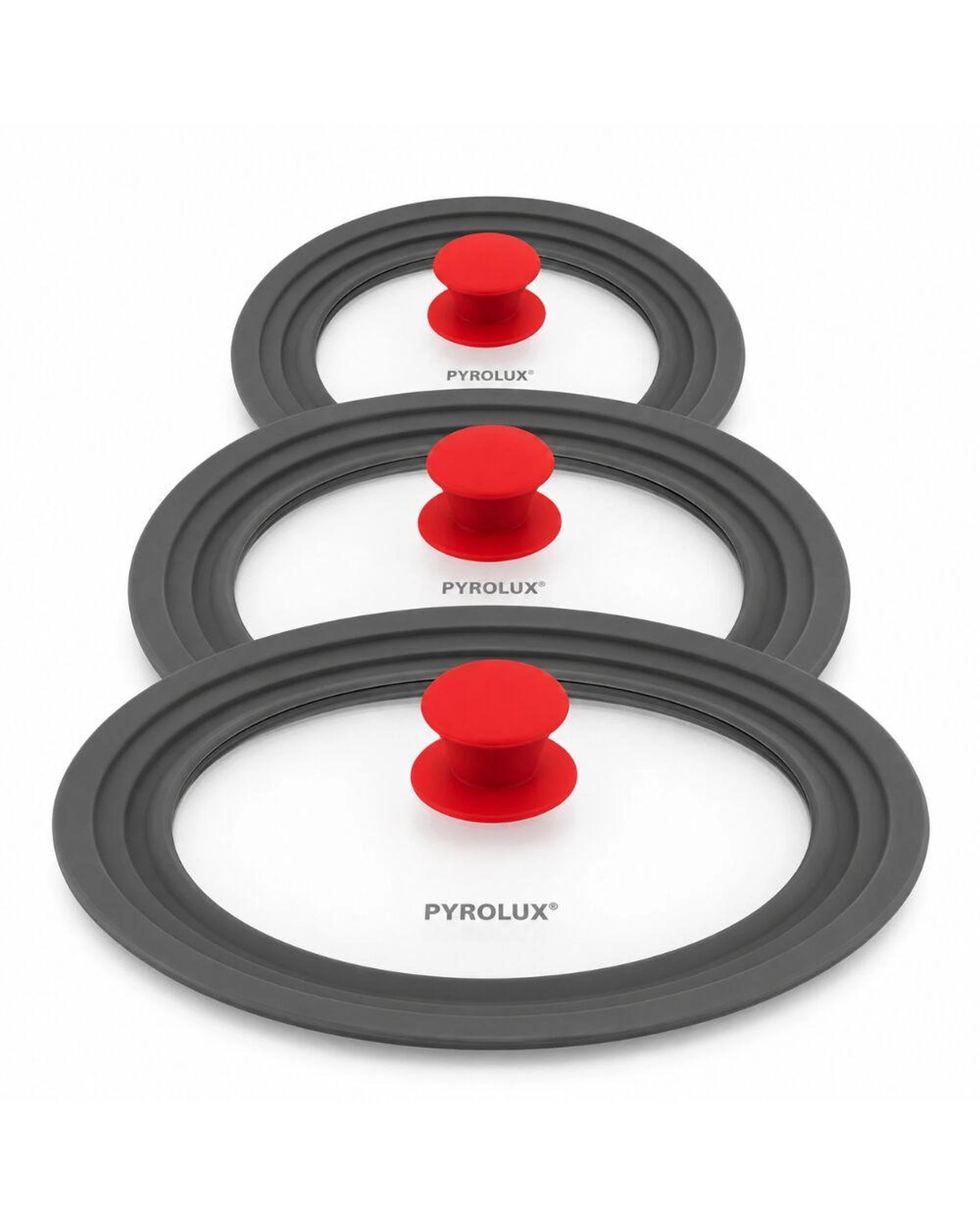 1 Pyrolux 3 Piece Universal Glass and Silicone Lid Pots & Pans 3 Sizes, 1 of 2
