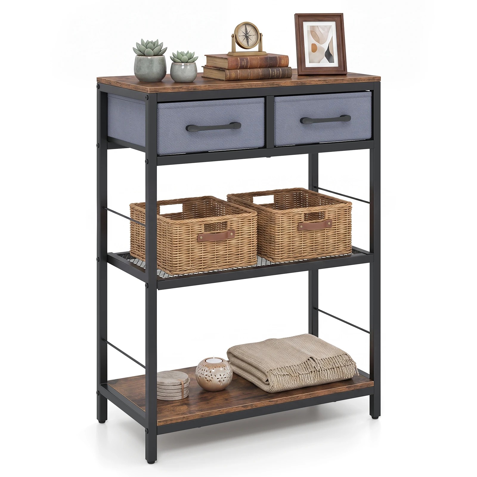 5 Costway 3-Tier Narrow Console Table w/2 Fabric Drawers Behind Sofa Table - Brown, 5 of 6