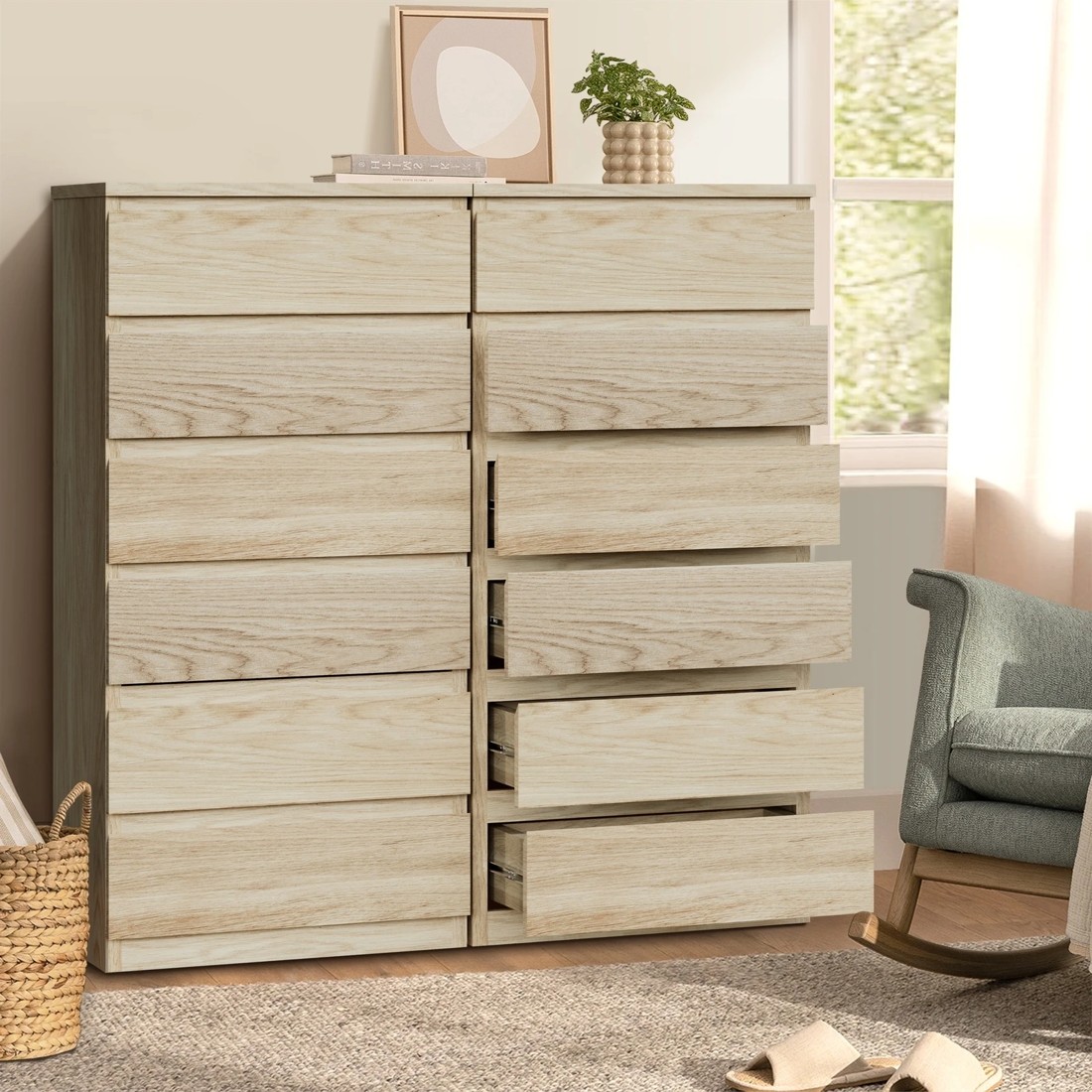 3 Oikiture 6 Chest Of Drawers Tallboy Dresser Table Storage Cabinet
 - Natural, 3 of 10