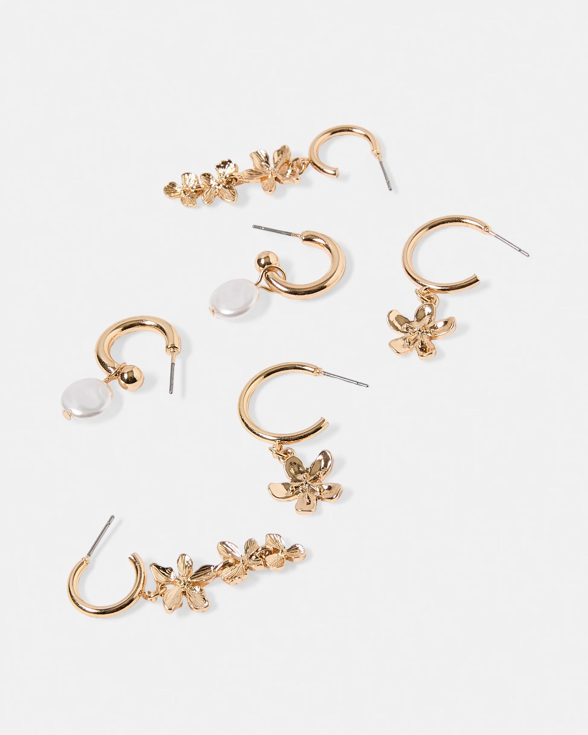 3 3 Pack Flower Hoop Earrings - Gold Tone Gold, 3 of 5