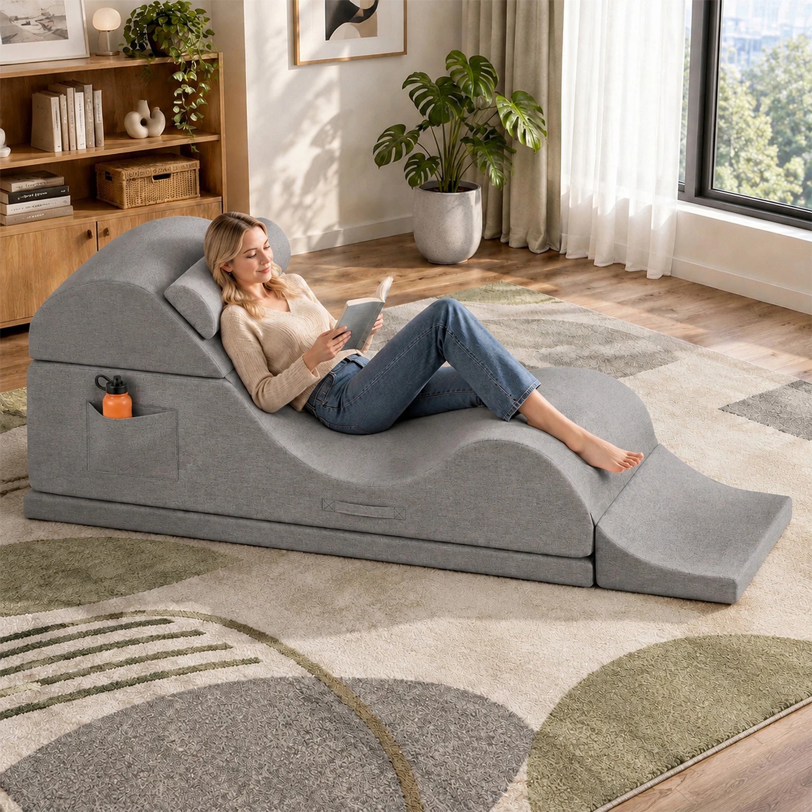 5 Advwin Convertible Yoga Chair Chaise Lounge with Suede Cover Detachable Mat - Grey, 5 of 7