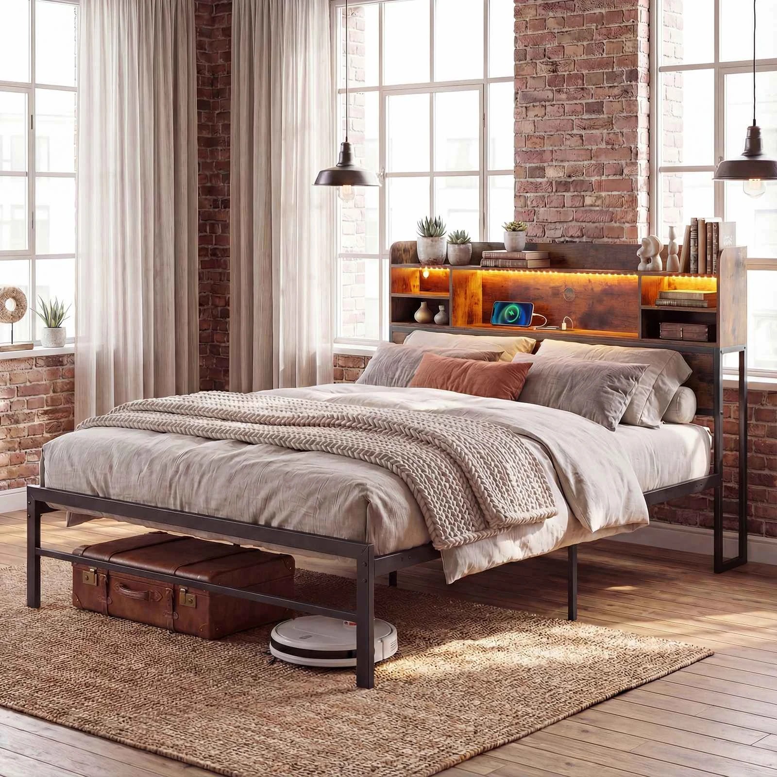 2 Costway Queen Size LED Bed Frame Metal Platform Bed Base w/Charging Ports Storage Shelf, 2 of 4