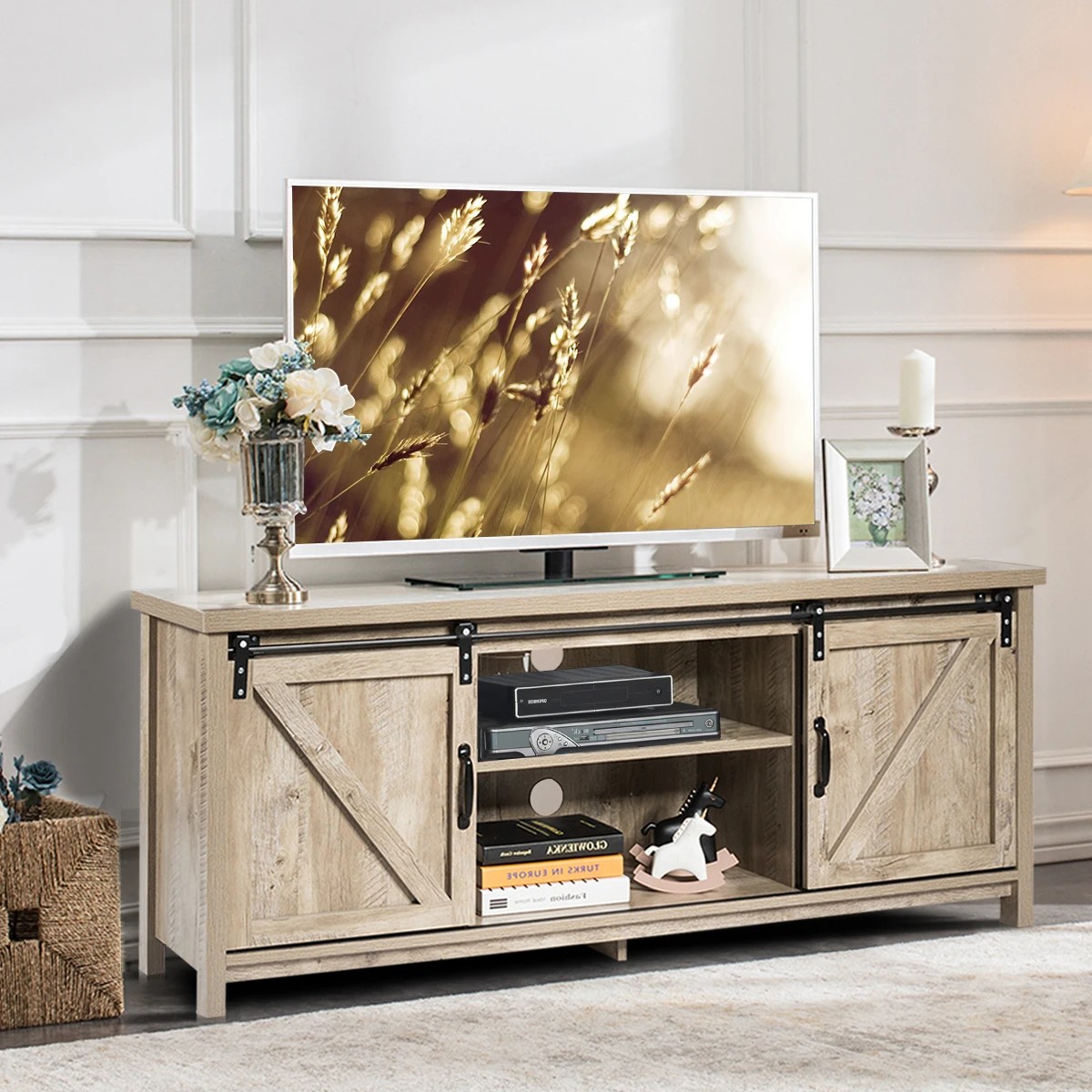 2 Costway Wood TV Cabinet Entertainment Unit Media Console Table w/Sliding Door w/Adjustable Shelf - Grey, 2 of 4