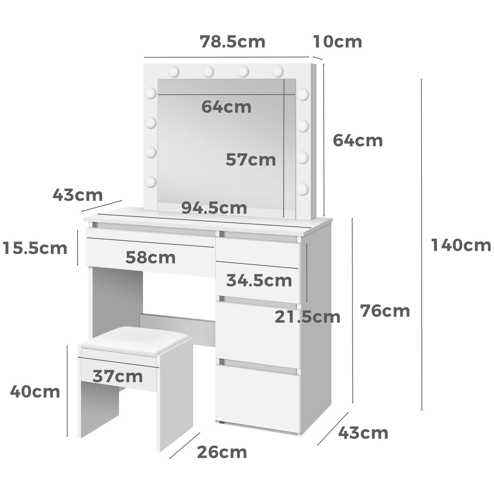 9 Alfordson Dressing Table Stool Set Makeup Mirror Desk LED 12 Bulbs - White, 9 of 10