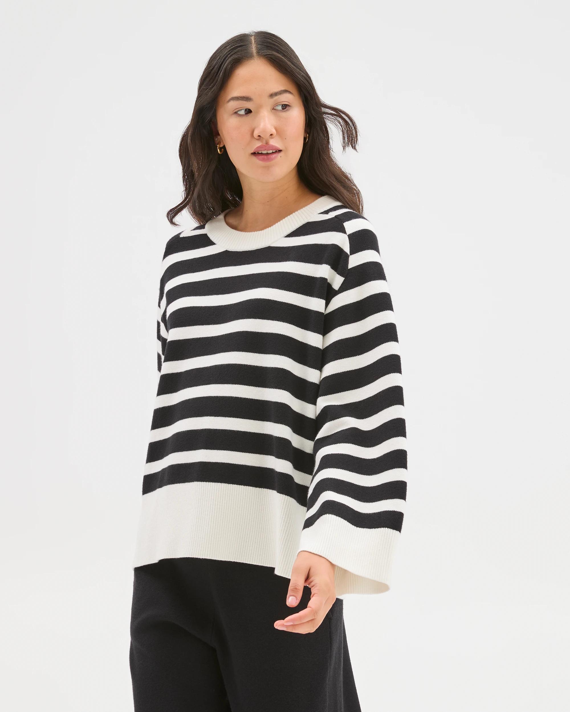 2 Target Woman Clean Knit Crew Neck Jumper CLOUD DANCER/BLACK STRIPE, 2 of 6