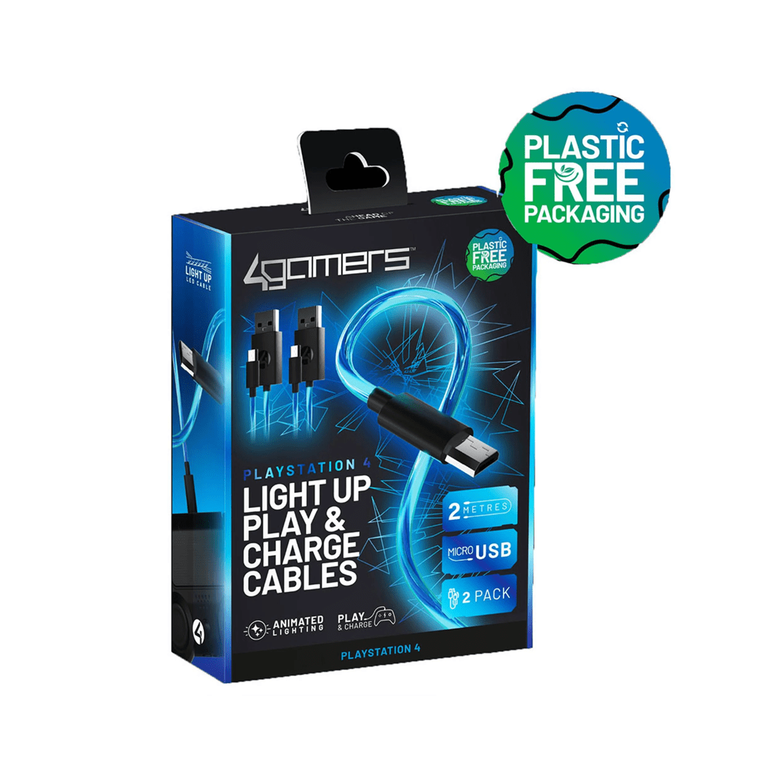 1 4Gamers PS4 Light Up Superfast 2m Play and Charge Cables Twin Pack - Micro-USB, 1 of 6