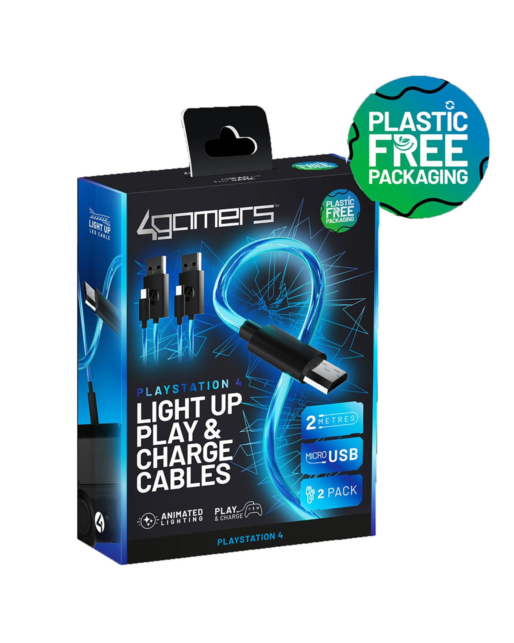 1 4Gamers PS4 Light Up Superfast 2m Play and Charge Cables Twin Pack - Micro-USB, 1 of 6