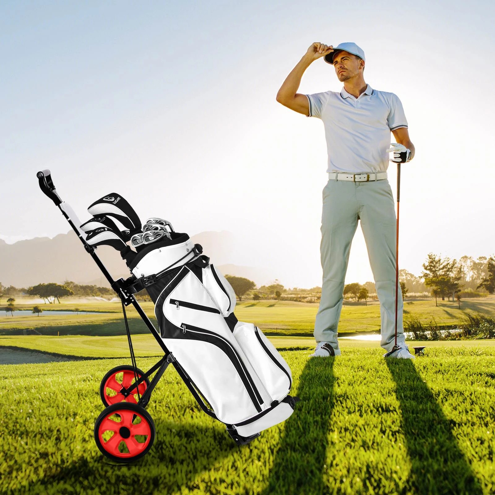 1 Costway 2-Wheel Golf Push Cart Foldable Lightweight Golf Walking Trolley w/Scorecard Holder - Red, 1 of 2