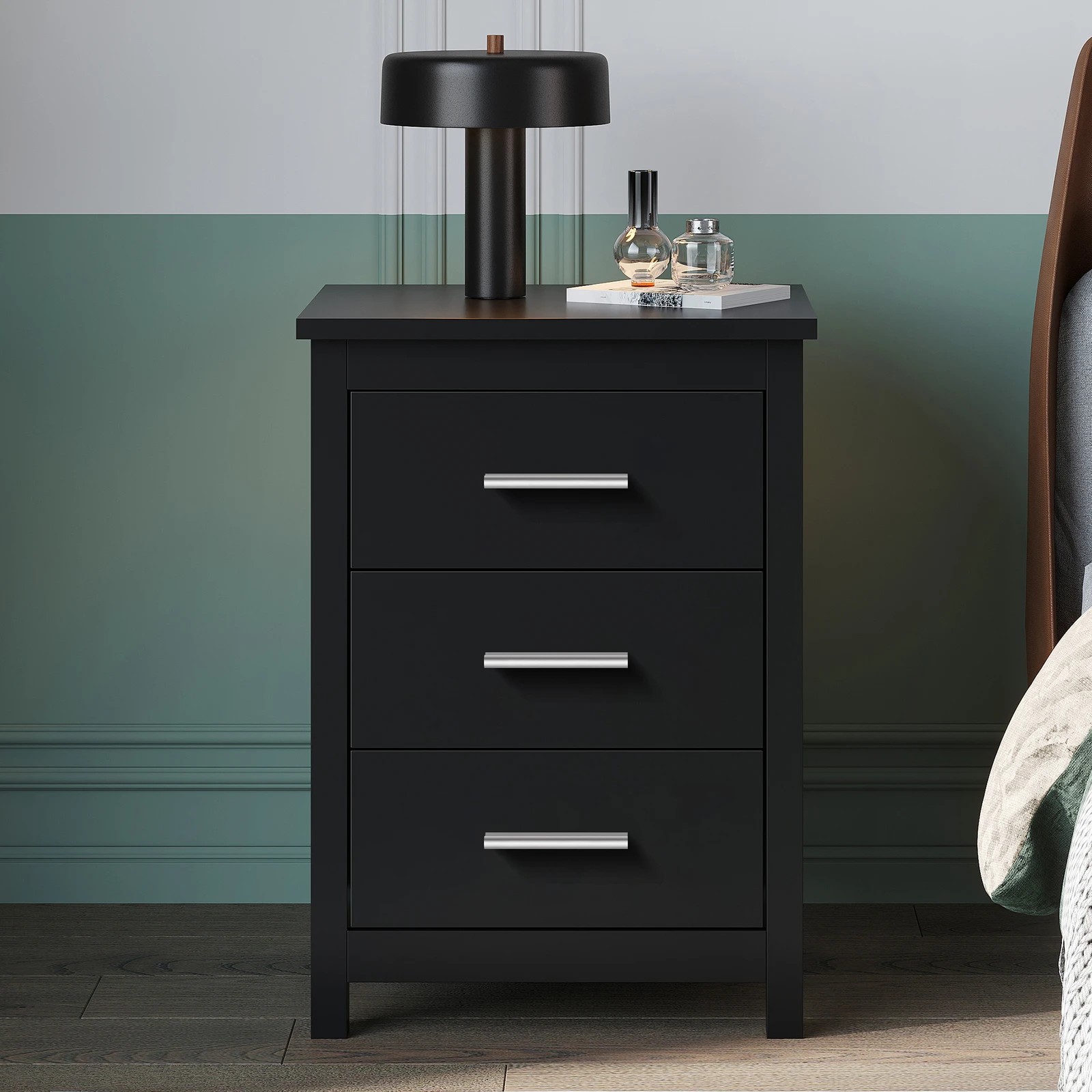 4 Alfordson 2x Bedside Table Hamo Nightstand Storage Side End 3 Drawers - Black, 4 of 10