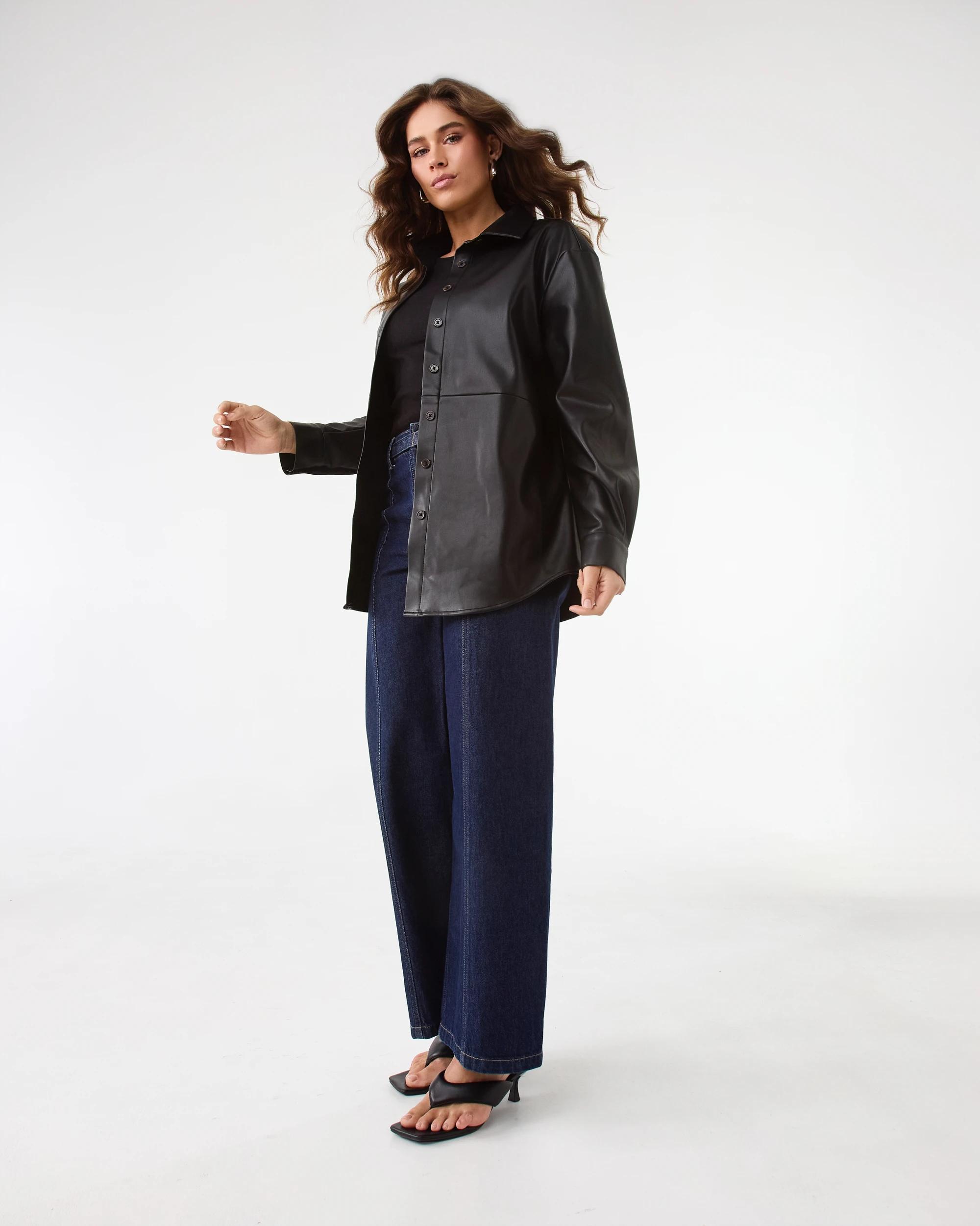 4 Long Sleeve Faux Leather Shirt Black, 4 of 6