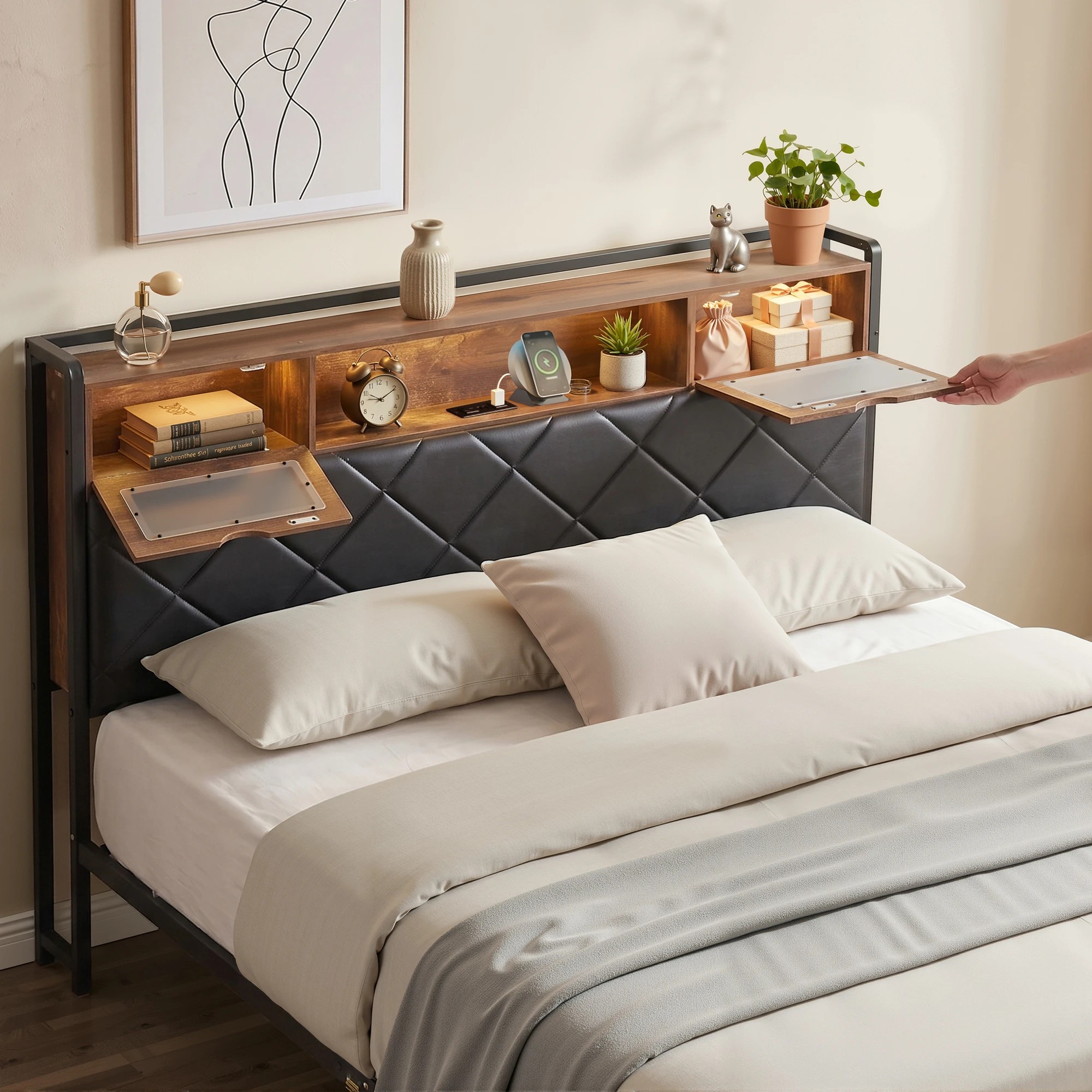 6 Artiss Queen Bed Frame with LED Lights and Storage Headboard Charging Station - Black, 6 of 9