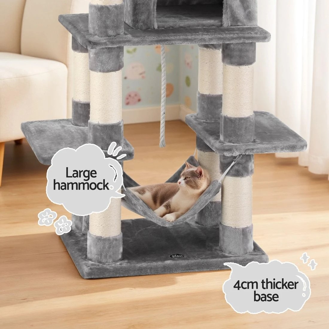 6 i.Pet Cat Tree 145cm Tower Scratching Post Trees Scratcher Condo House - Grey, 6 of 7