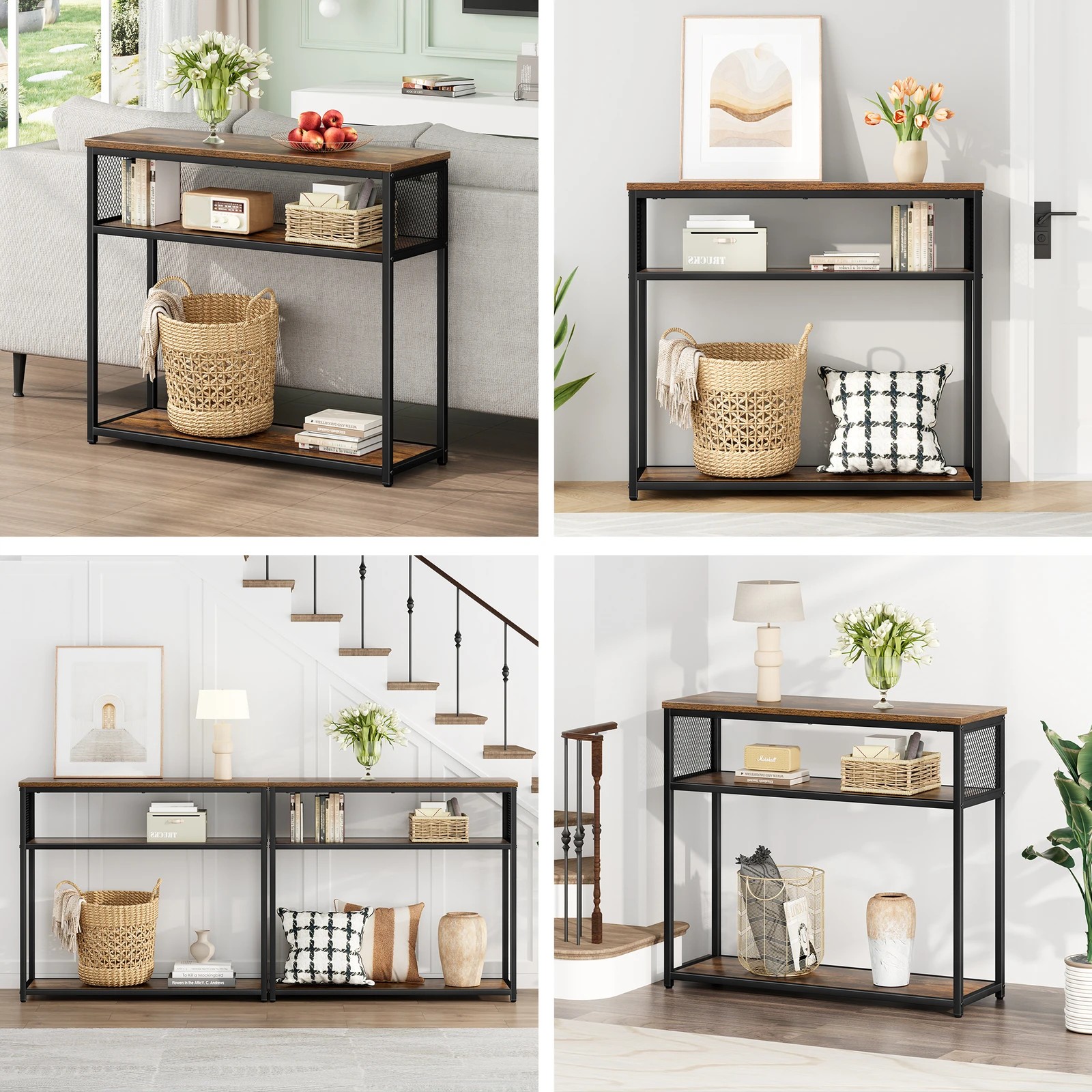 9 Alfordson Console Table Entry Storage Rack Industrial Wooden 3-tier Shelf - Oak, 9 of 10