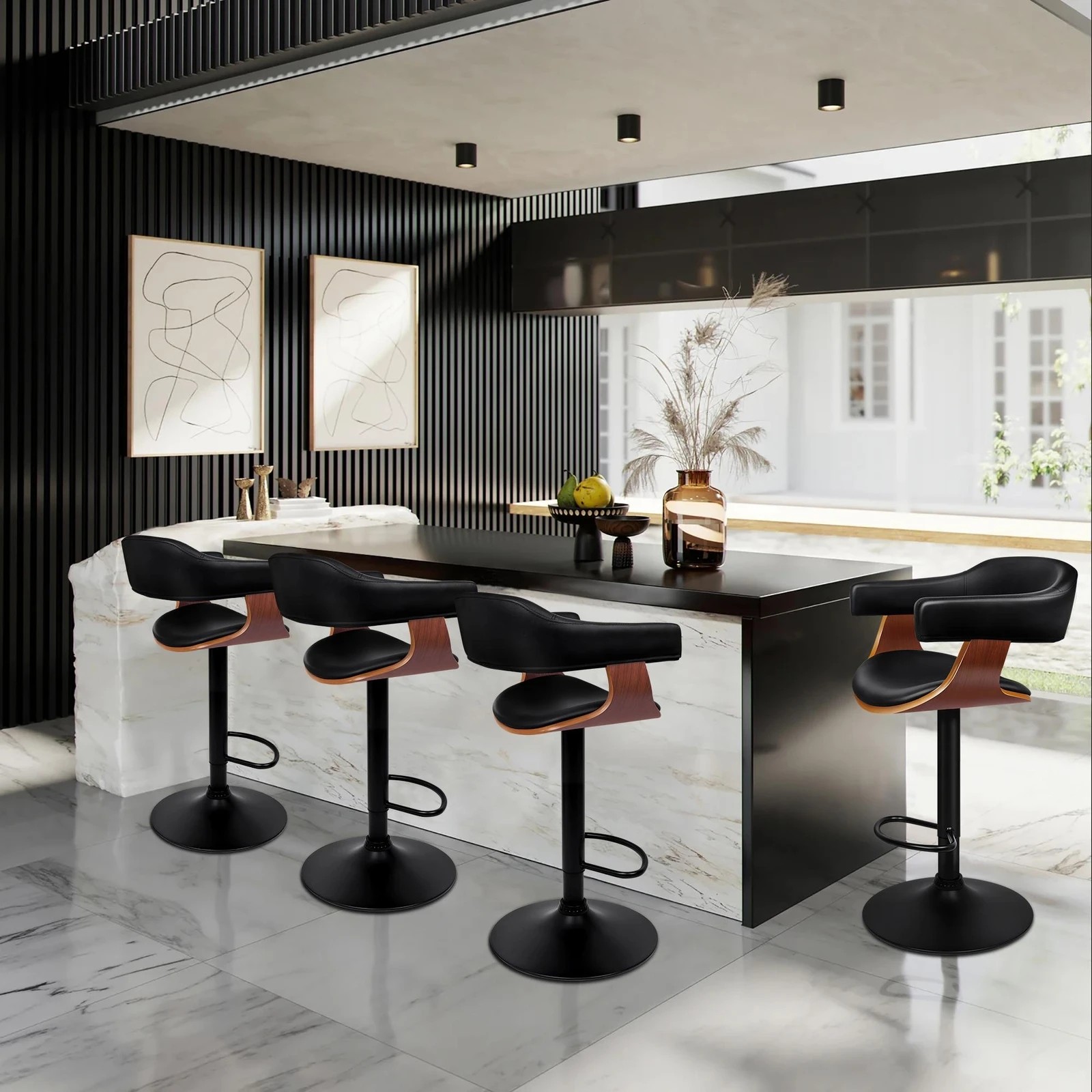 2 Alfordson 4x Bar Stool Joan Kitchen Swivel Chair Wooden Leather Gas Lift - Black, 2 of 9