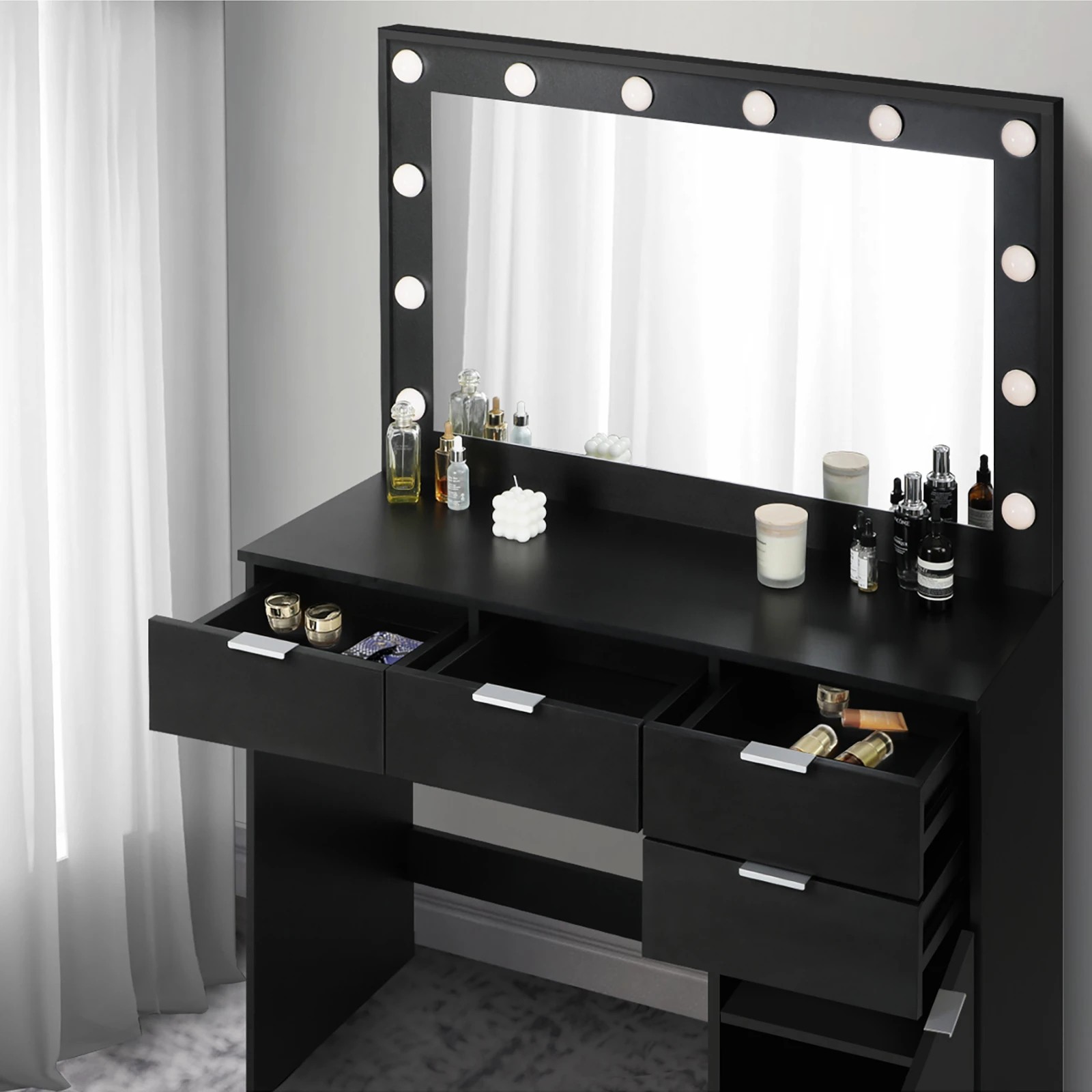 5 Oikiture Dressing Table Stool Set Makeup Large Mirror Dresser 12 Led Bulbs
 - Black, 5 of 9