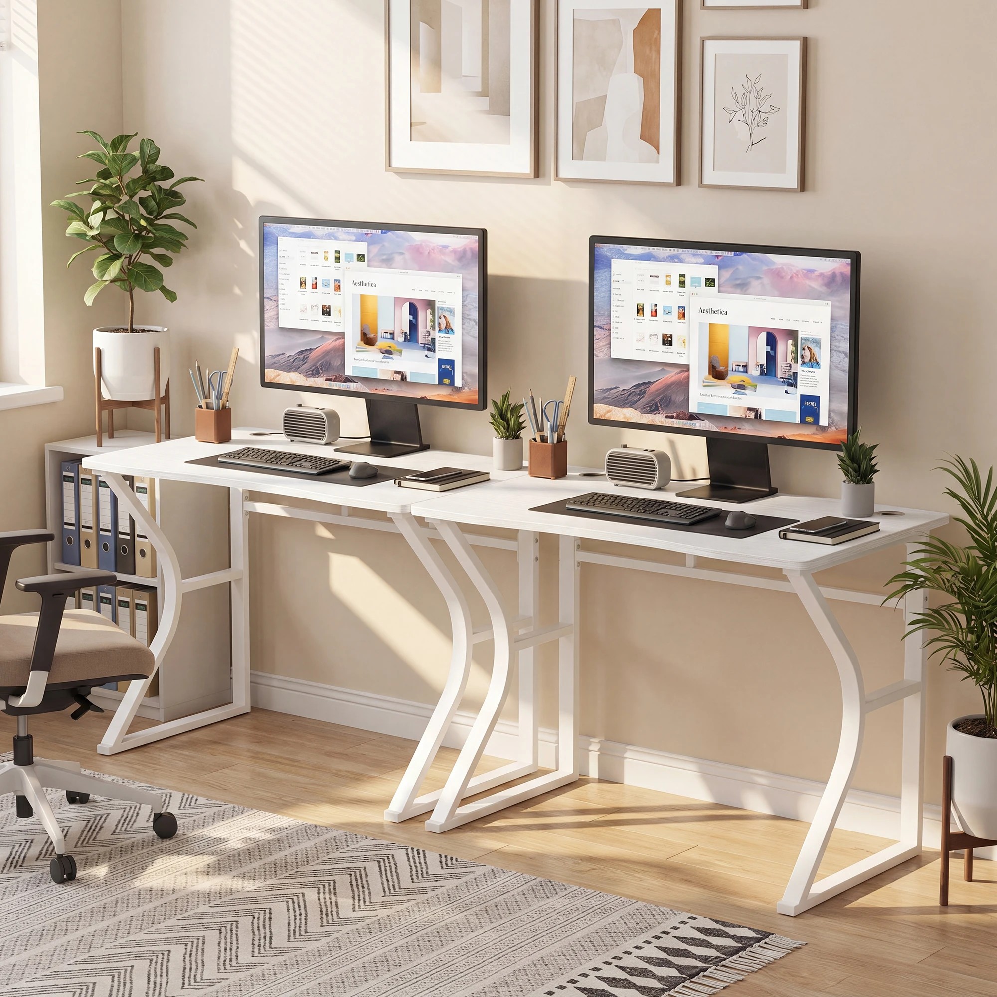 5 Advwin 120cm Computer Desk with Cable Holes, Home Office Desk with K-Shape Metal Legs, Spacious Workstation - White, 5 of 7