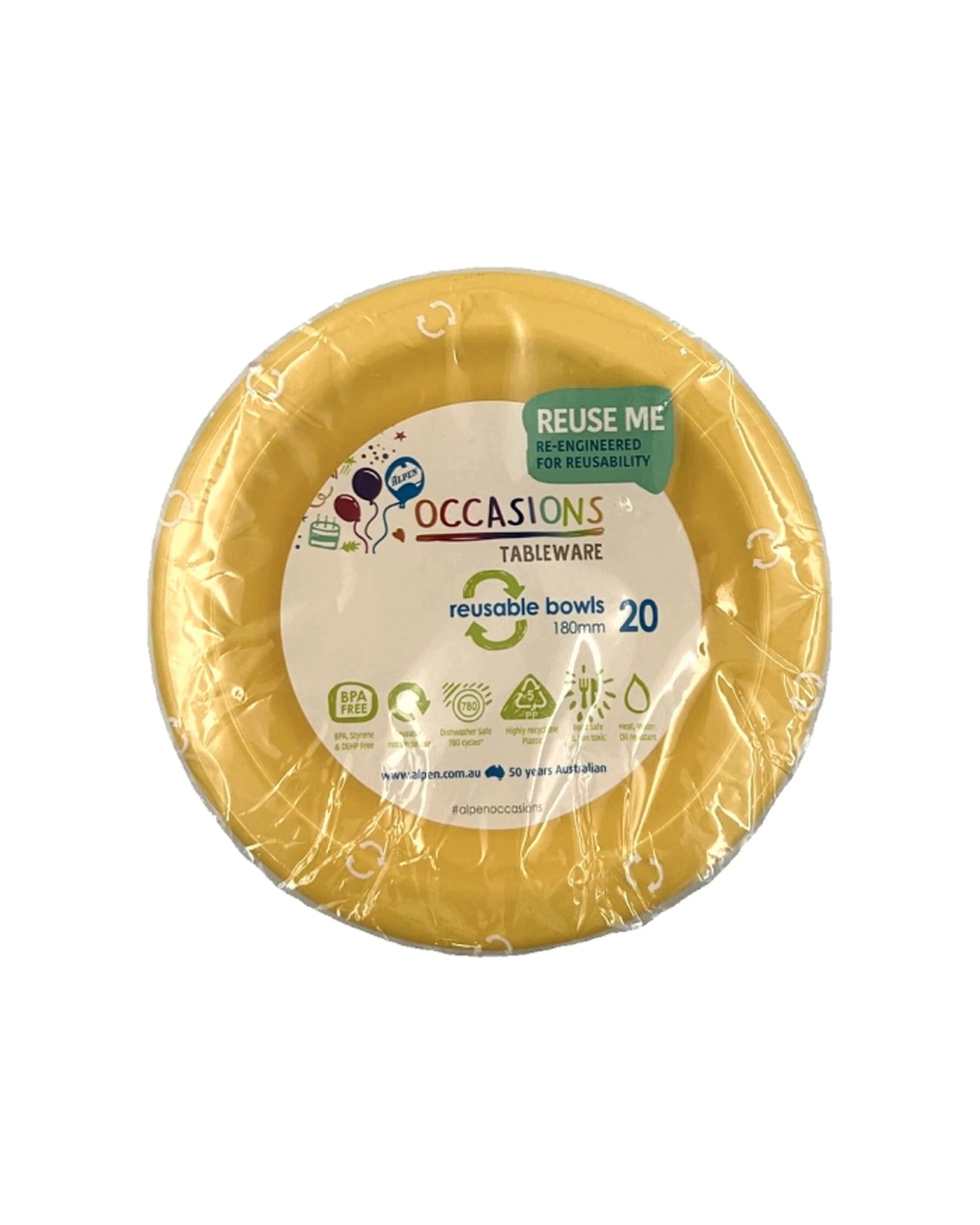 1 Alpen 20pc Reusable Plastic Bowl Occasions Tableware 180mm - Yellow, 1 of 1