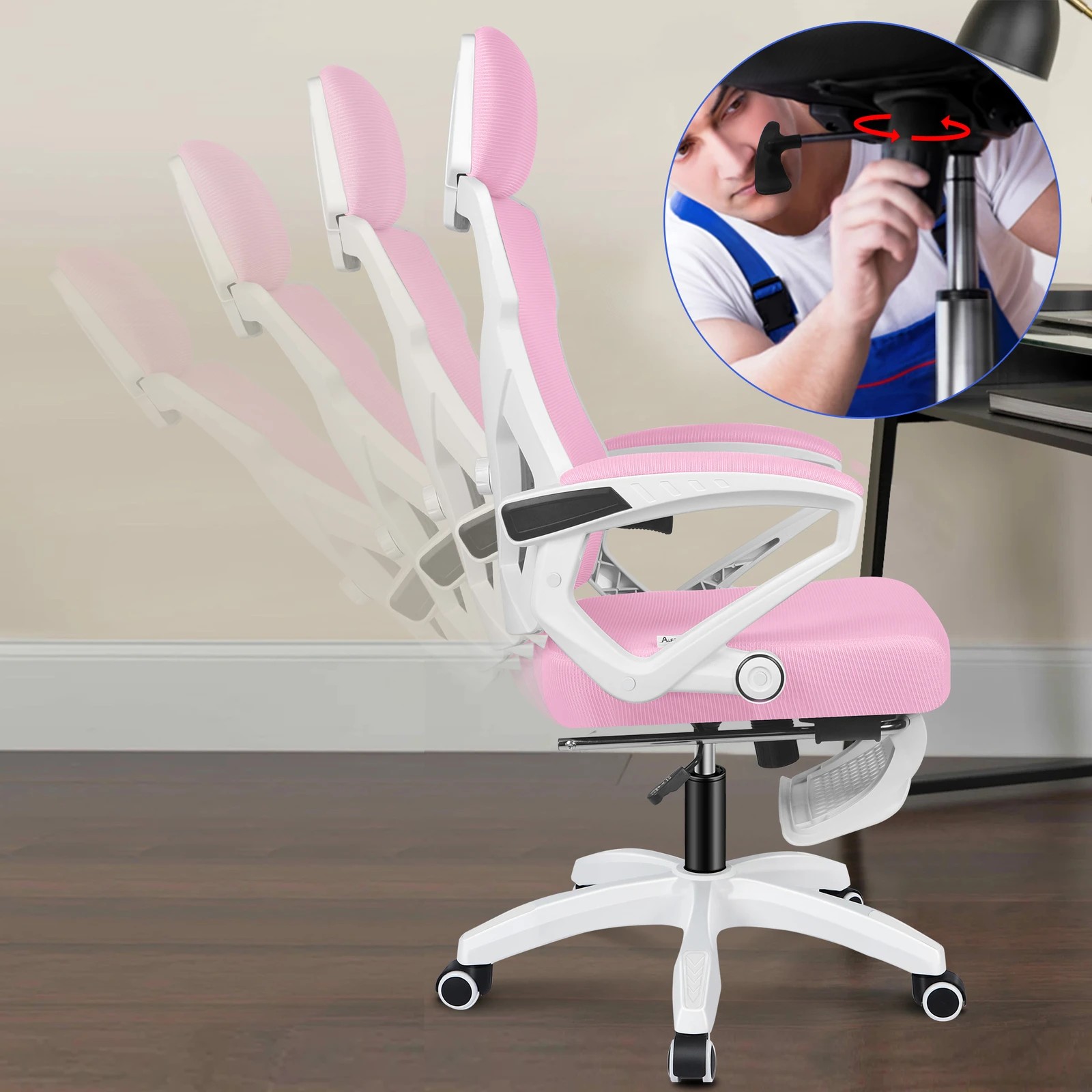 4 Alfordson Office Desk Chair Mesh Executive Computer Fabric Seat Recliner Work - Pink, 4 of 6