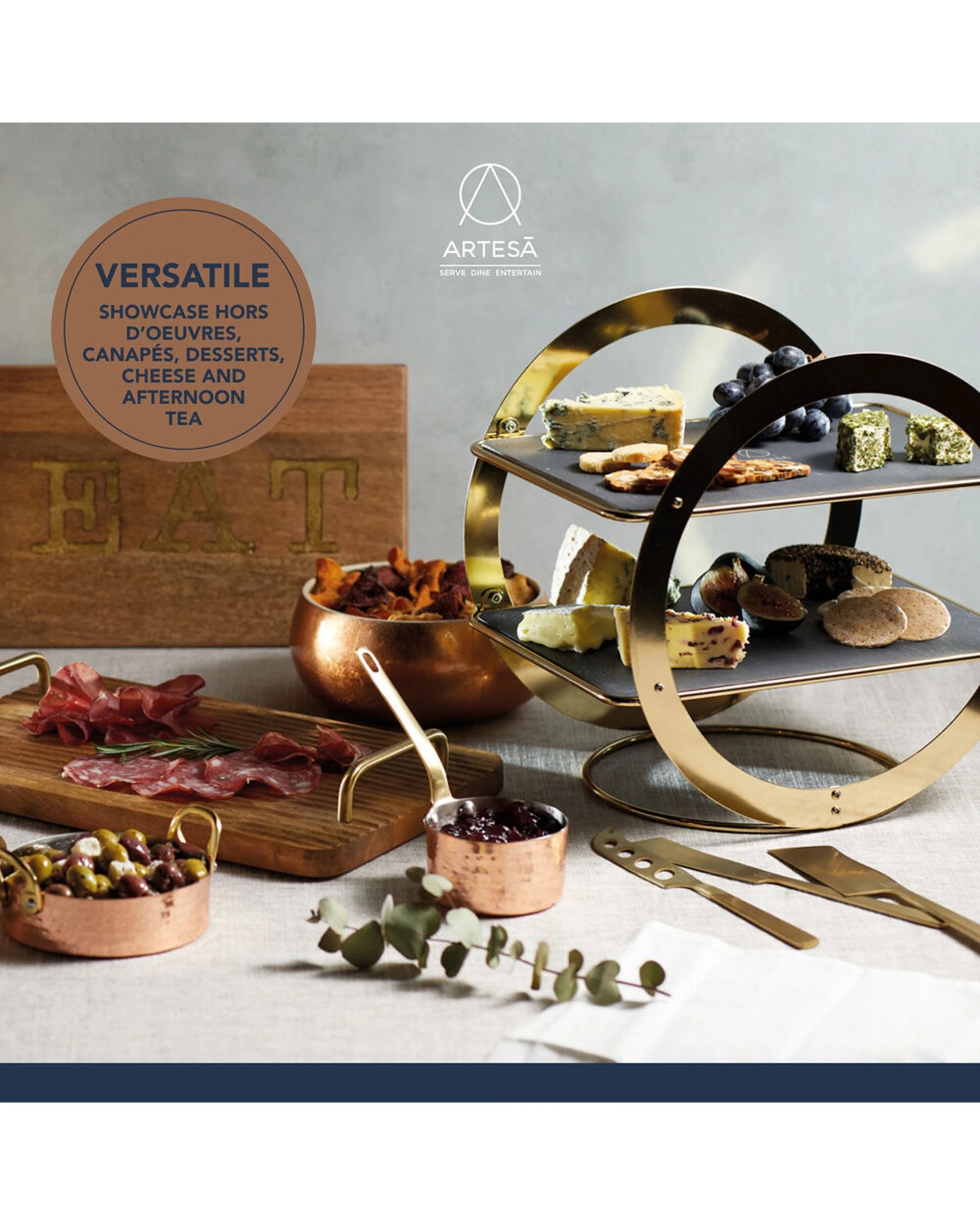 3 Artesa 2 Tier Geometric Brass Finished Food Serving Stand With Slate Platters - Multi, 3 of 3