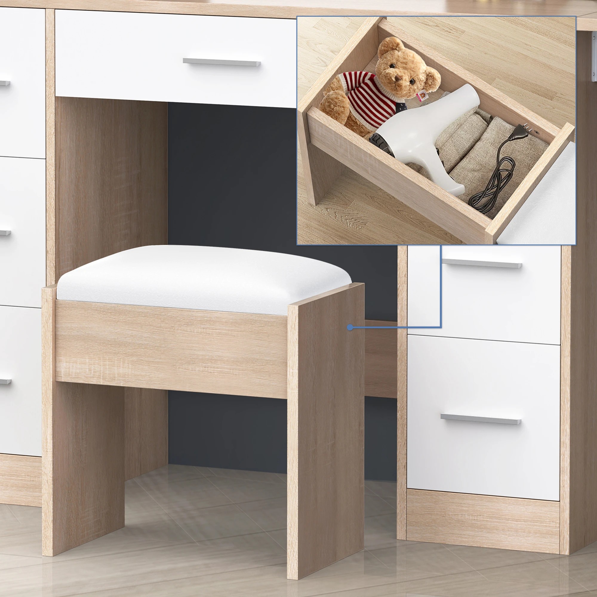 8 Alfordson Dressing Table Stool Set Makeup Mirror Vanity Desk LED Bulbs - Oak, 8 of 10